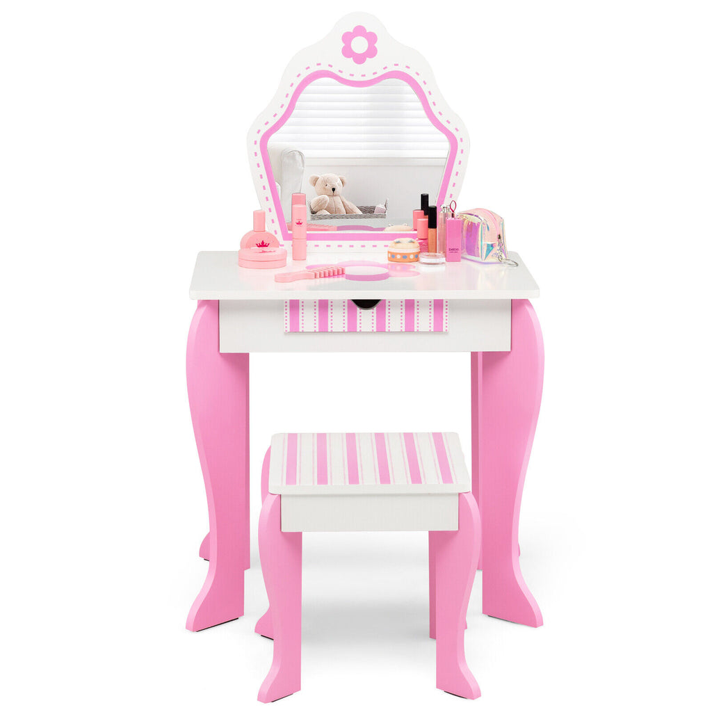 White 2-in-1 Toddler Vanity Set with Detachable Mirror and Flower Pattern