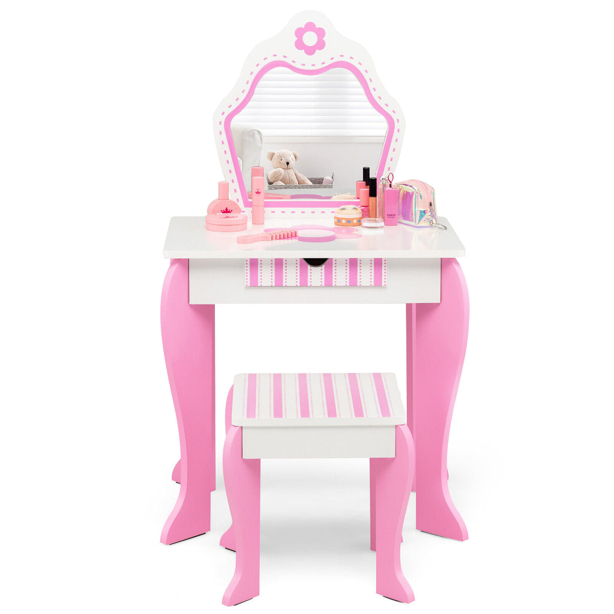 White 2-in-1 Toddler Vanity Set with Detachable Mirror and Flower Pattern