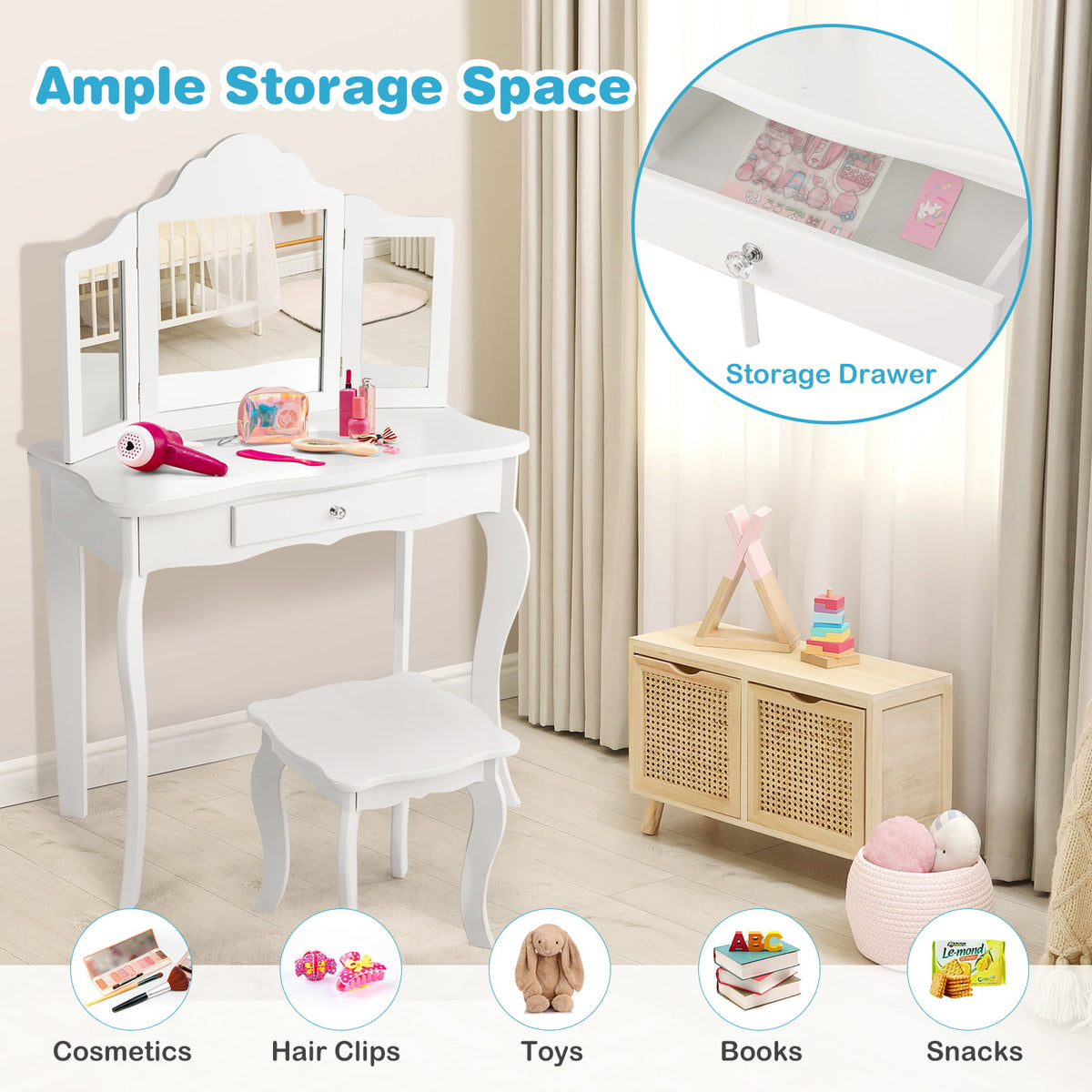 Kids Dressing Vanity Set with Detachable Mirror and Stool - White, No Lights