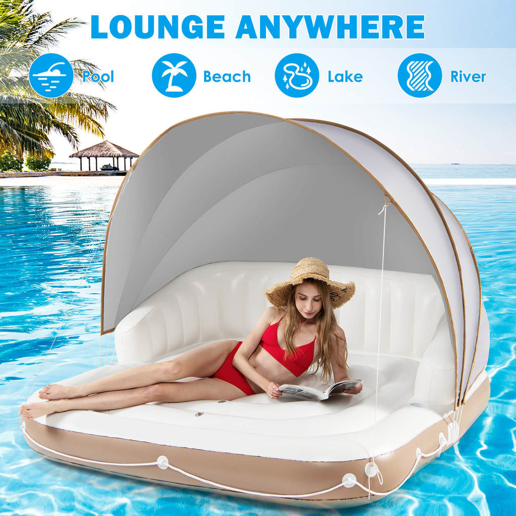 Inflatable Pool Float Lounge with Sunshade and Cup Holders - Swimming Raft
