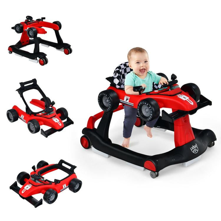 4-in-1 Baby Push Walker with Adjustable Height - Red, Foldable Activity Walker for Toddlers