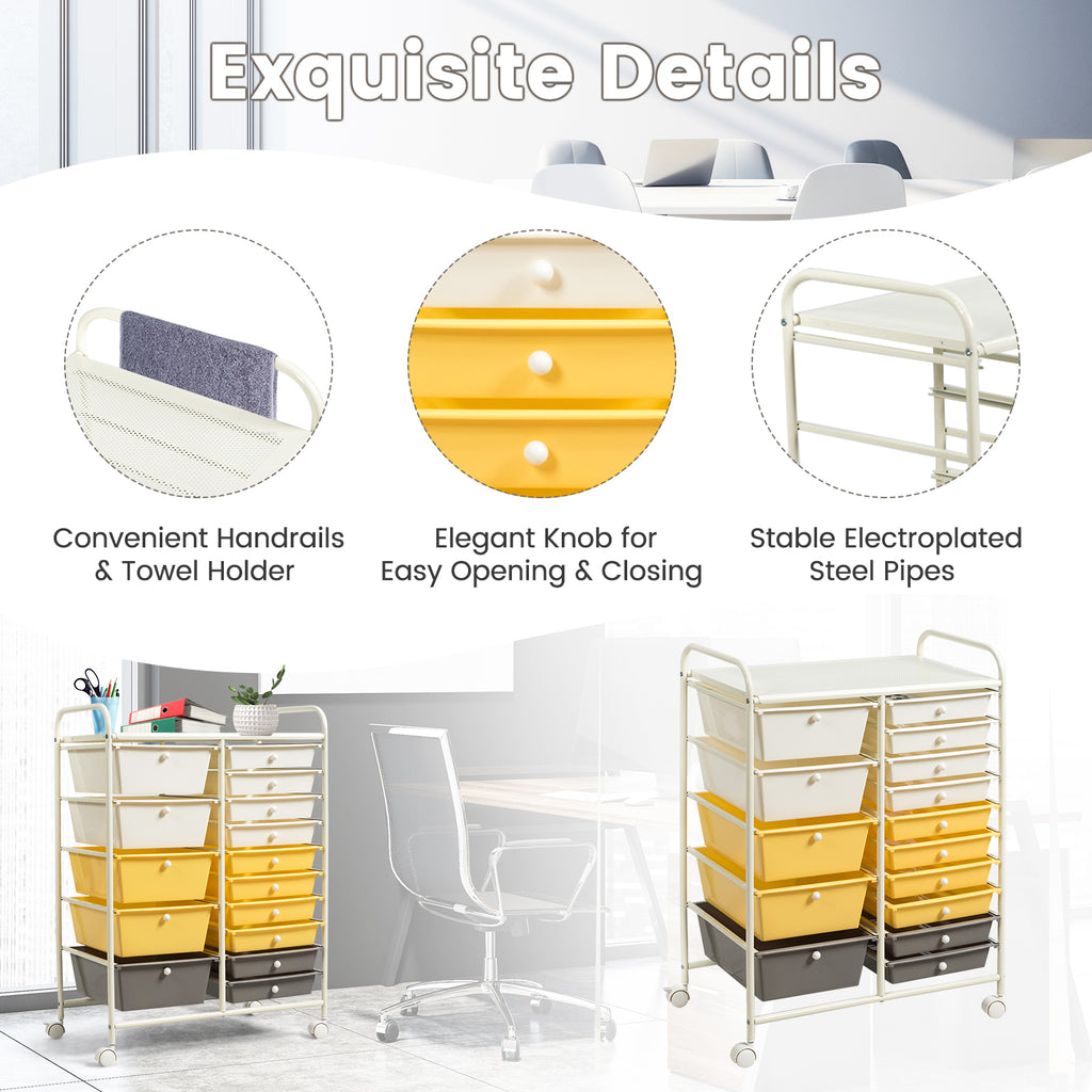 15-Drawer Rolling Utility Cart with Wheels - Yellow