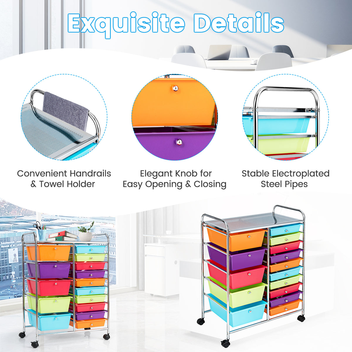 15-Drawer Rolling Utility Cart with Wheels - Multicolor