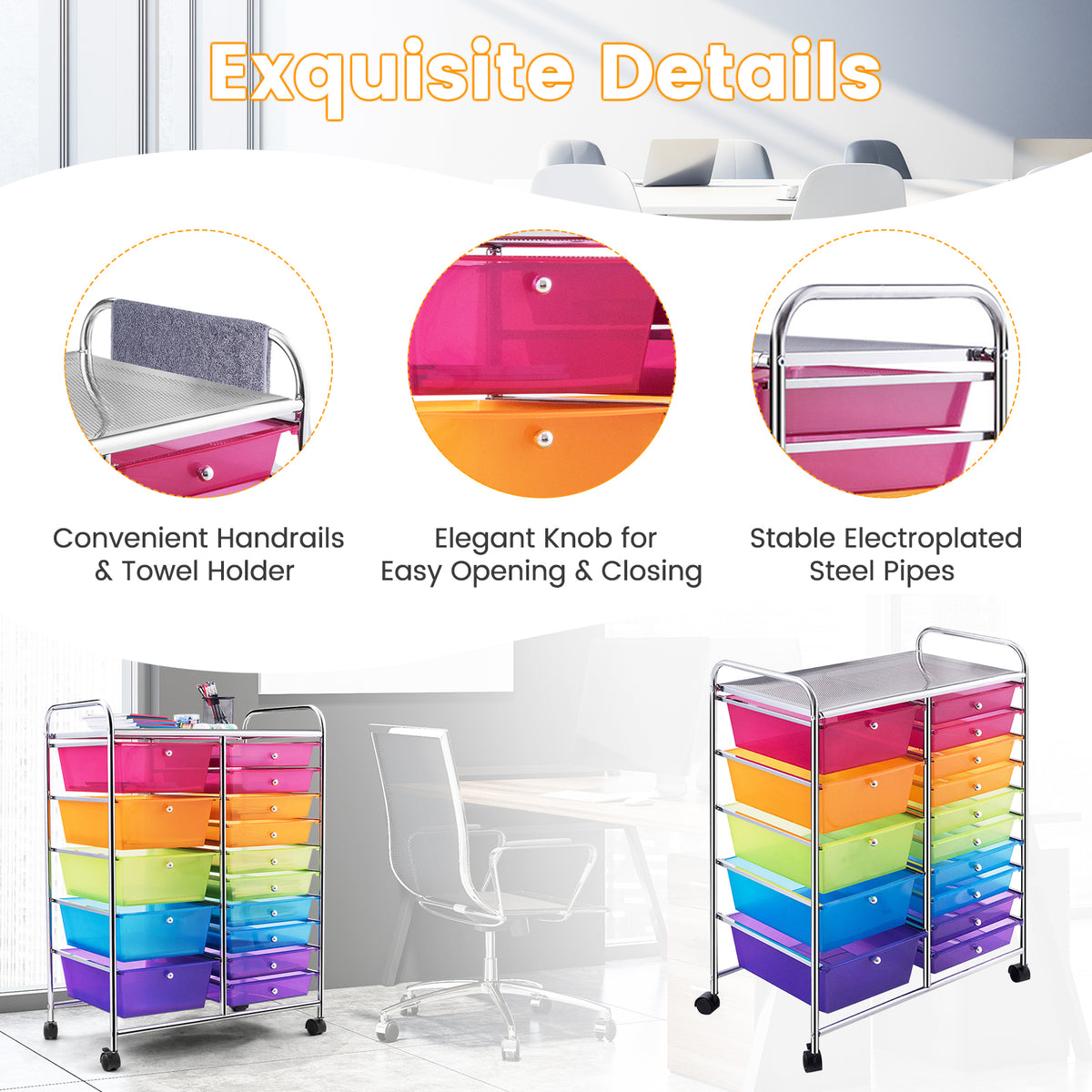 15-Drawer Rolling Utility Cart, Transparent Multicolor