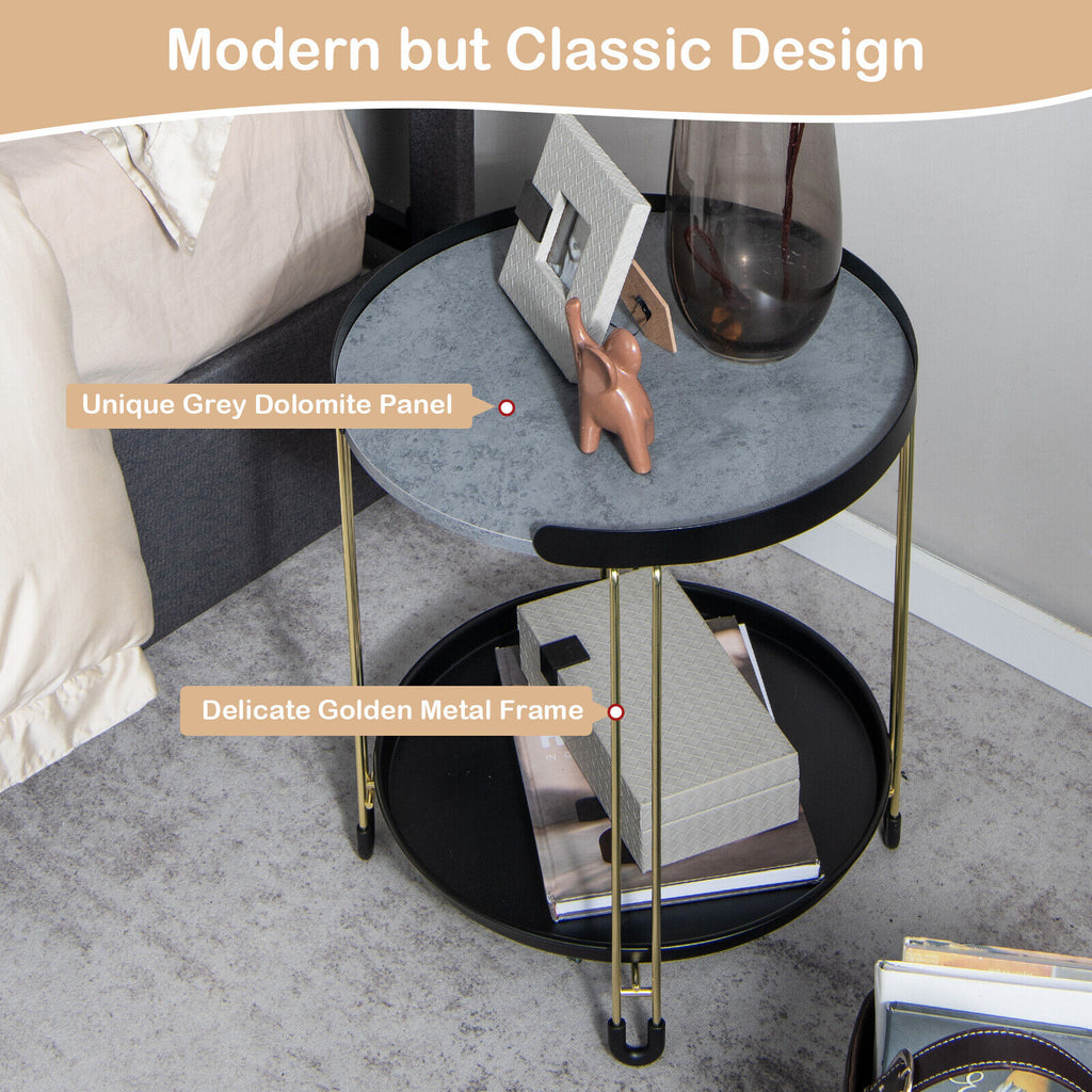 2-Tier Round Side Table with Removable Tray - Golden