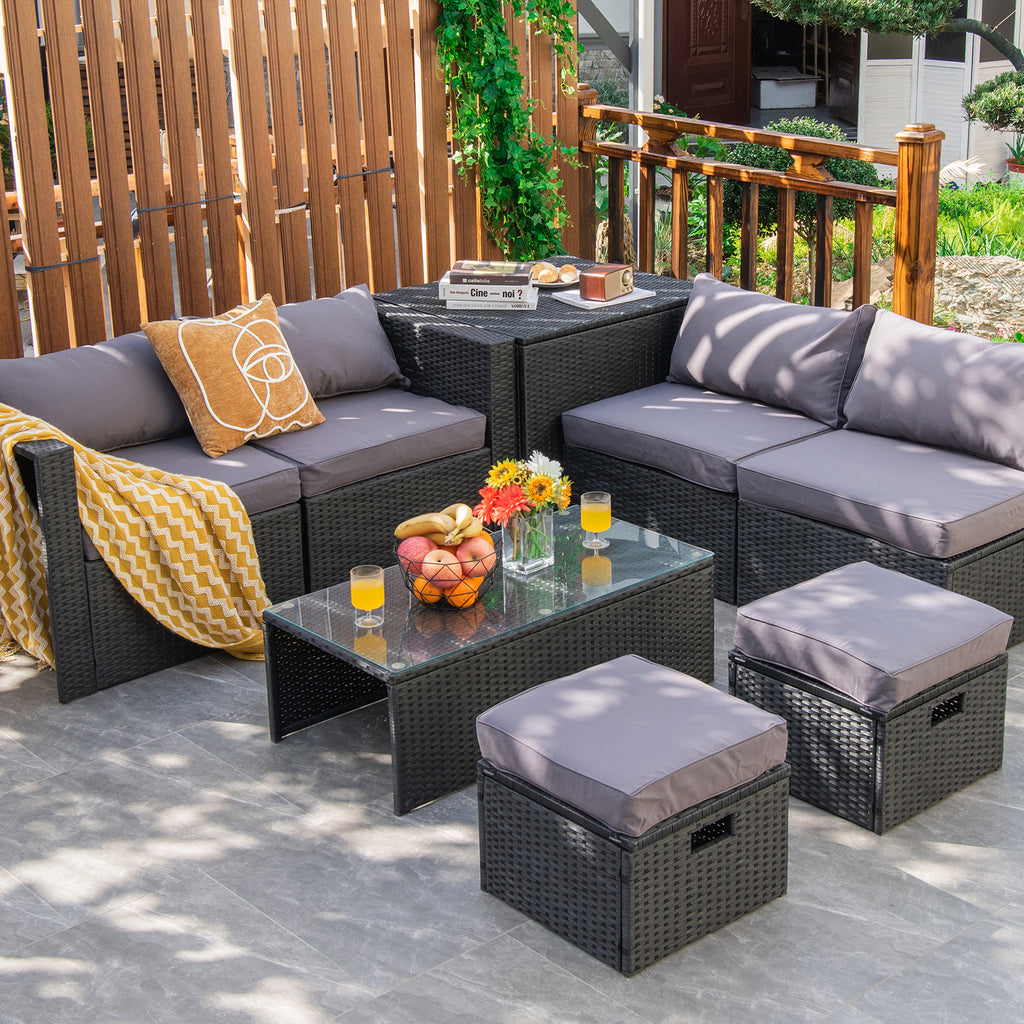 8-Piece Patio Furniture Set with Storage Box & Cover - Black Rattan, Gray