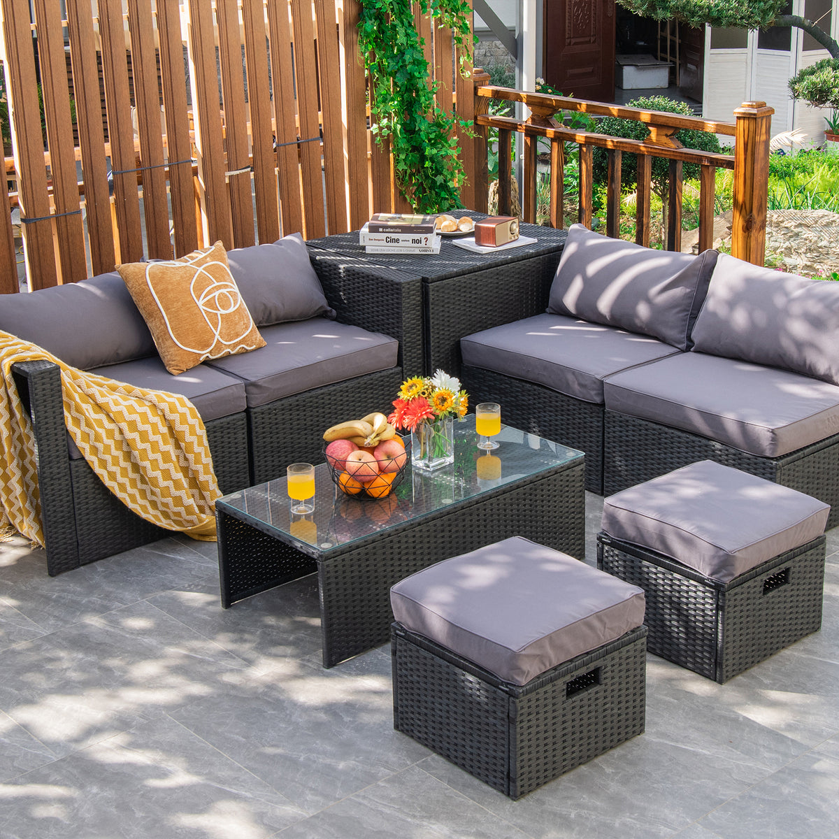 8-Piece Patio Furniture Set with Storage Box & Cover - Black Rattan, Gray