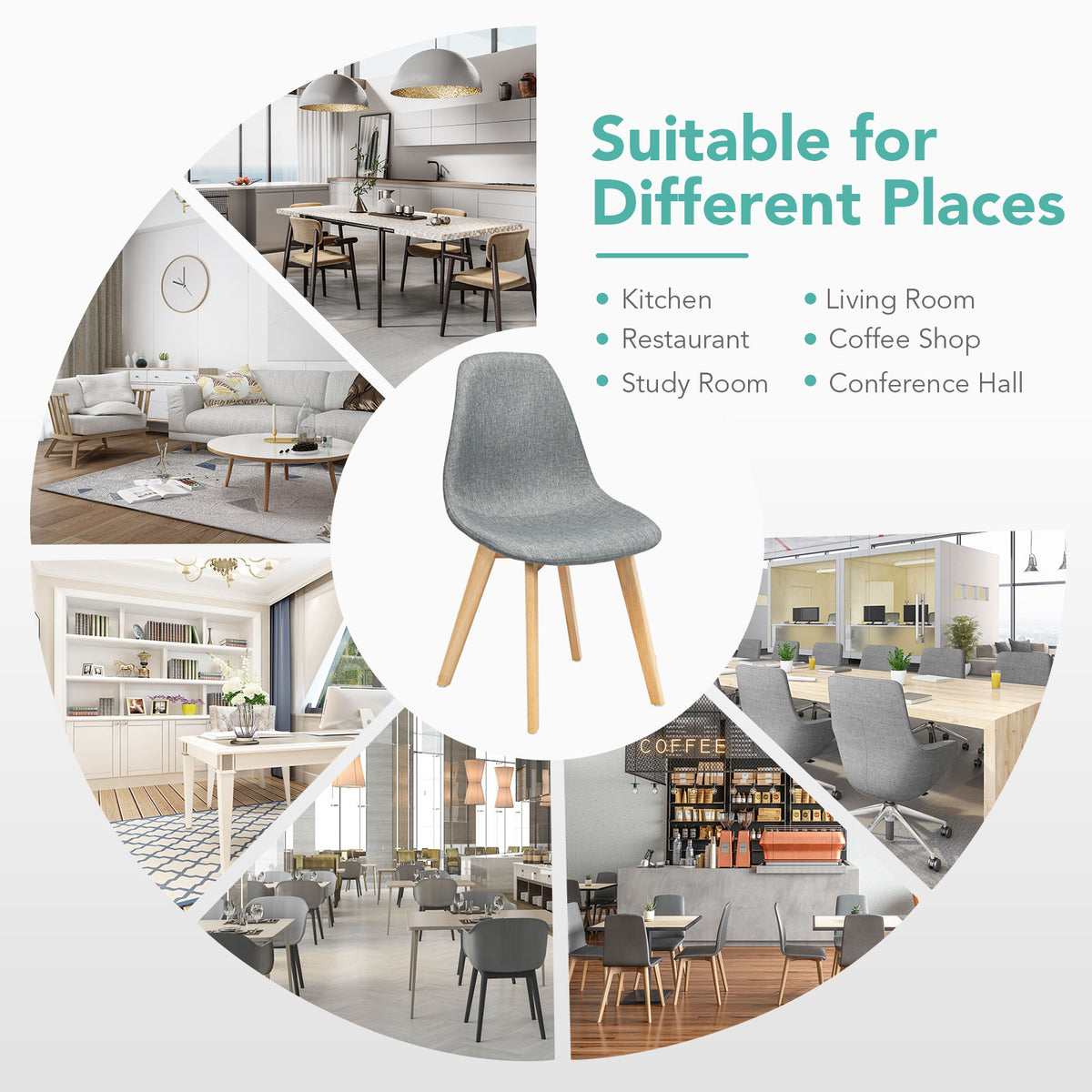 Modern Dining Chair Set of 4 – Wood Legs & Fabric Cushion