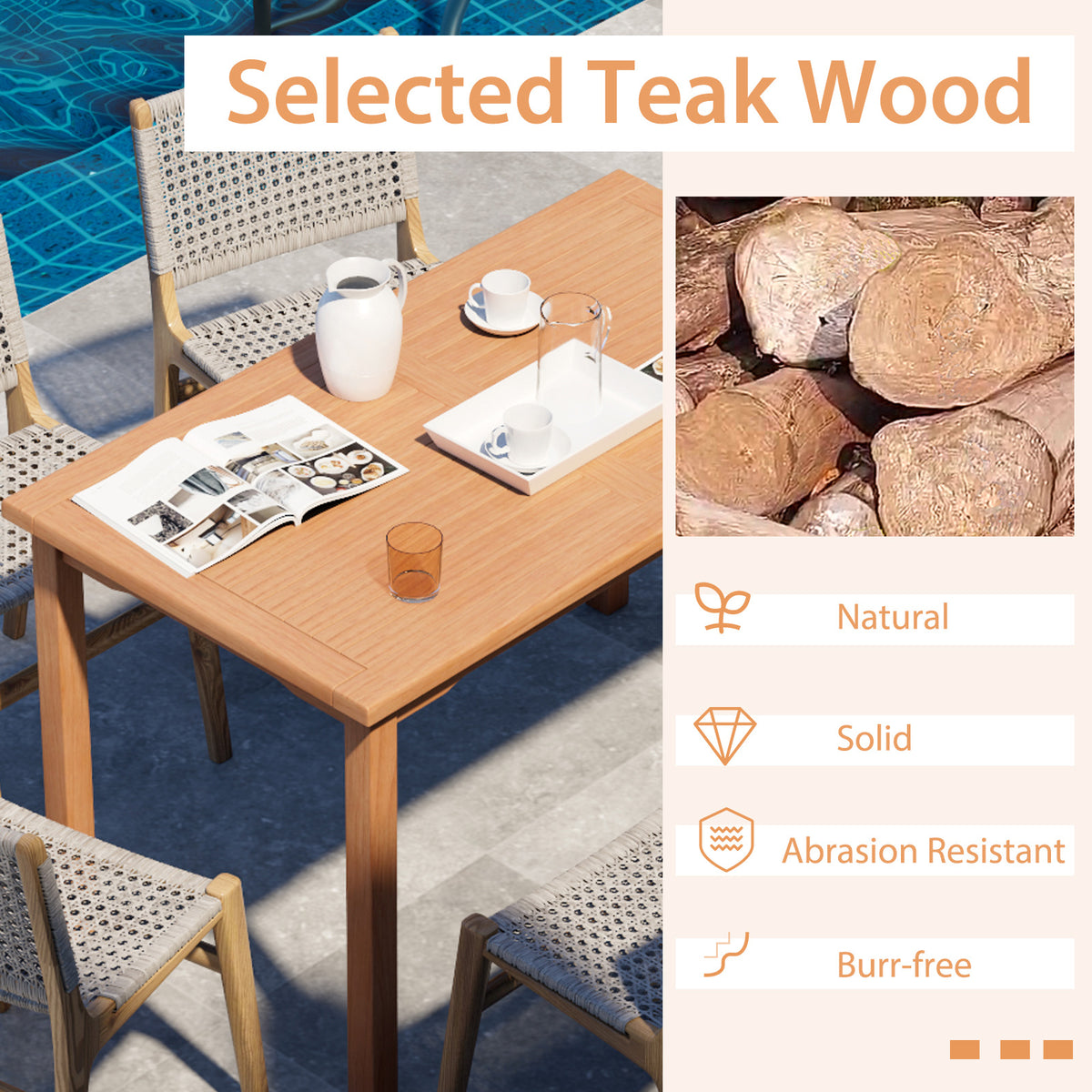 49 Inch Rectangle Patio Indonesia Teak Wood Dining Table with Slatted