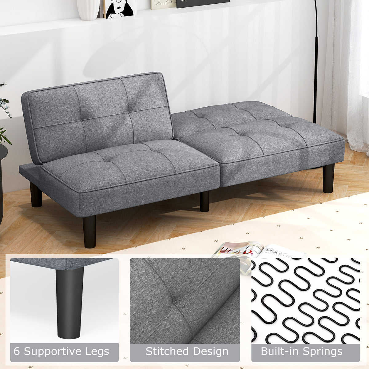 Convertible Futon Sofa Bed with 6-Position Backrest - Gray