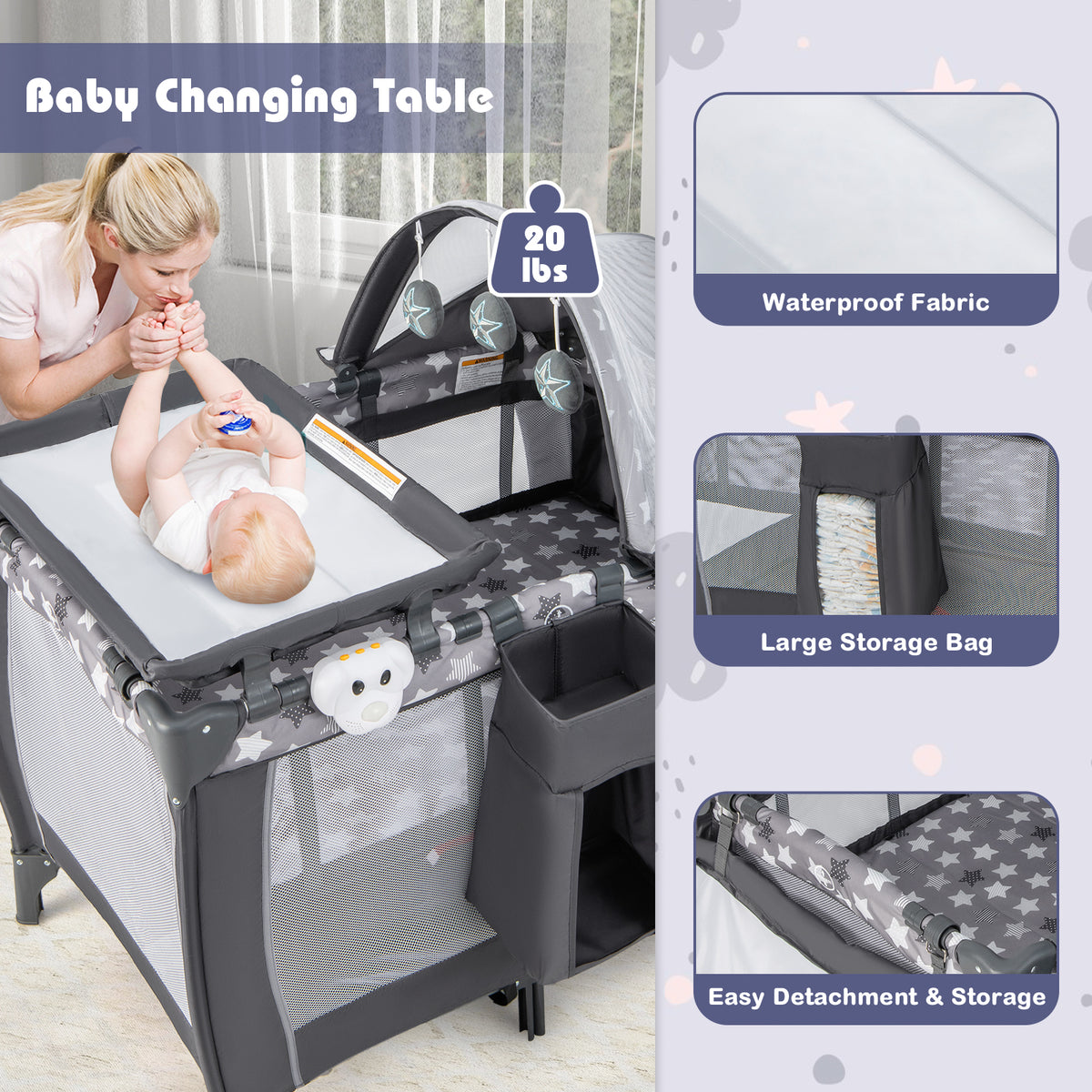 Baby Portable Nursery Center 4-in-1 Travel Crib with Canopy - Gray