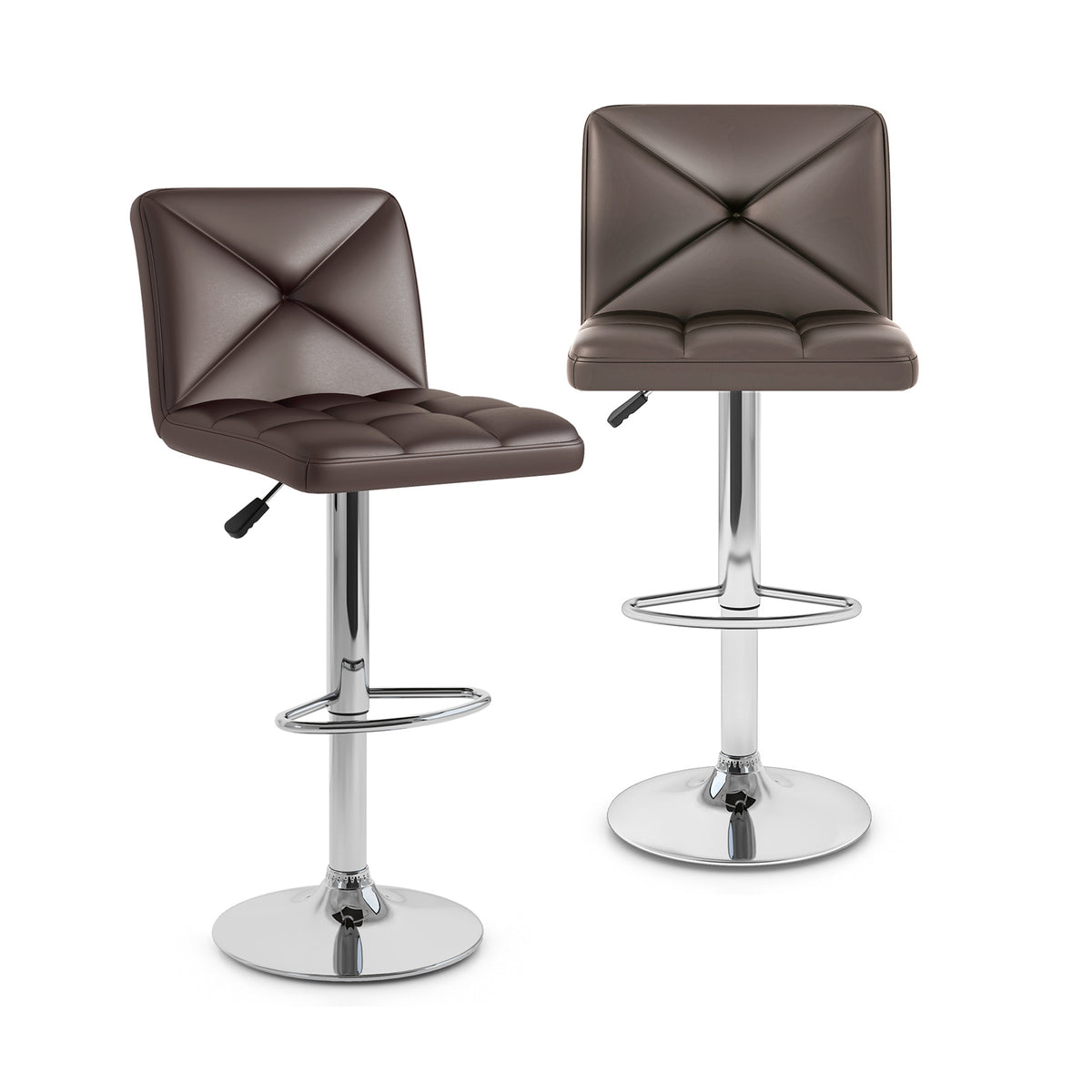 PU Leather Bar Stools Set of 2 with Back, Adjustable Height - Diamond Pattern, Brown