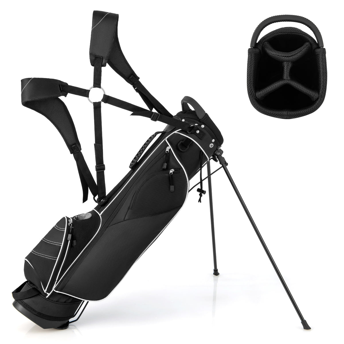 Golf Stand Cart Bag with 4-Way Divider and Organizer Pockets - Black