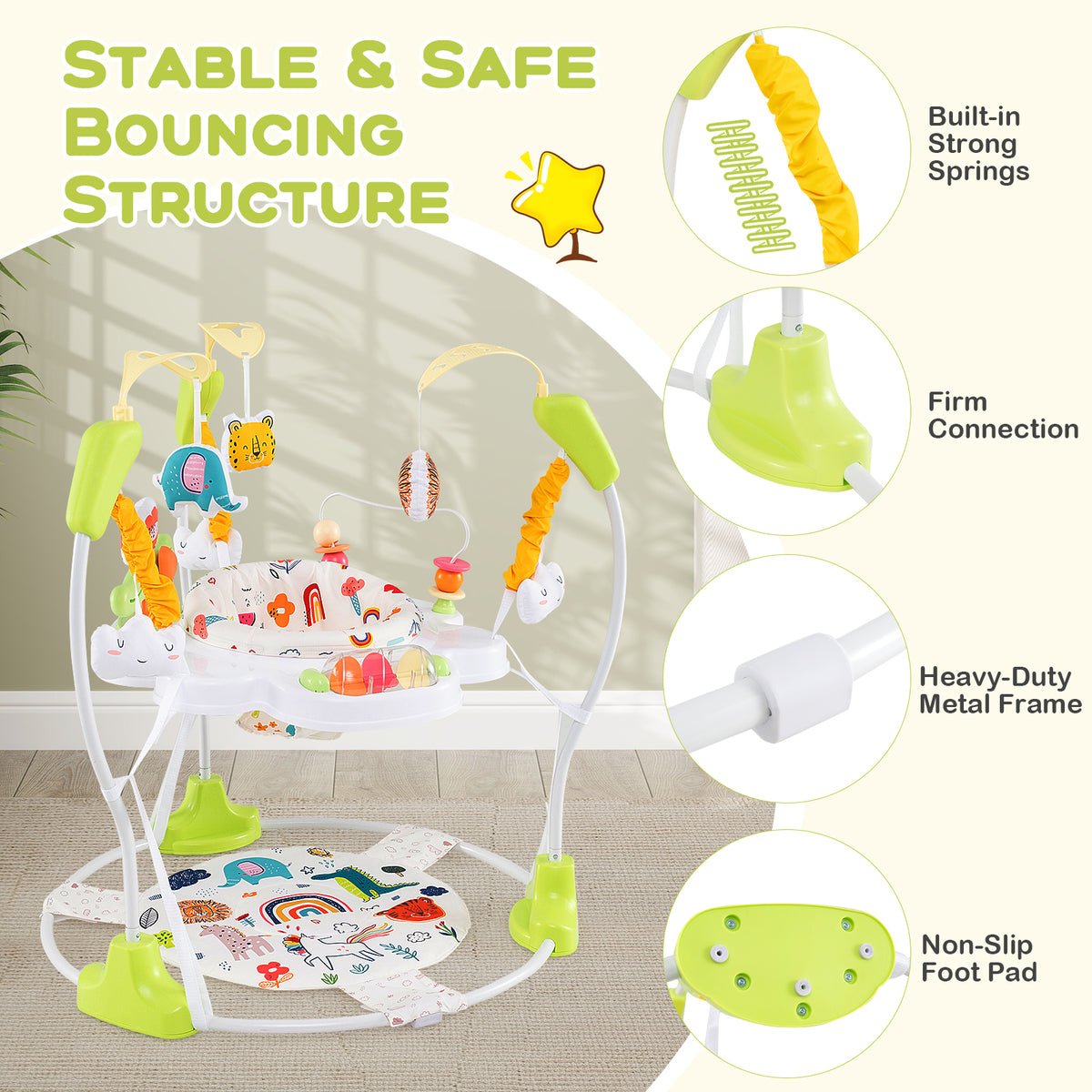 Height Adjustable Baby Bouncing Saucer with Interactive Toys - Yellow