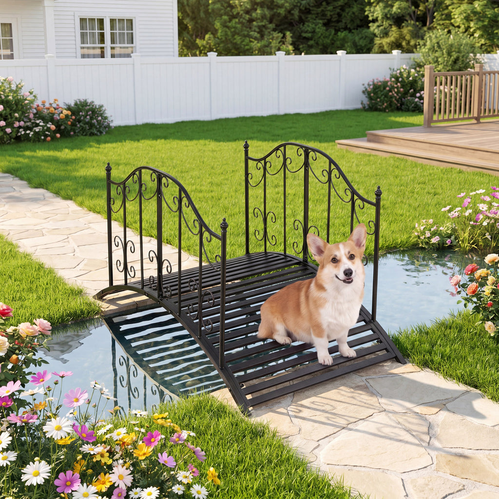 Garden Metal Bridge 3.9 ft with Dual Patterned Side Rails - Hollowed-Out Handrail Variation