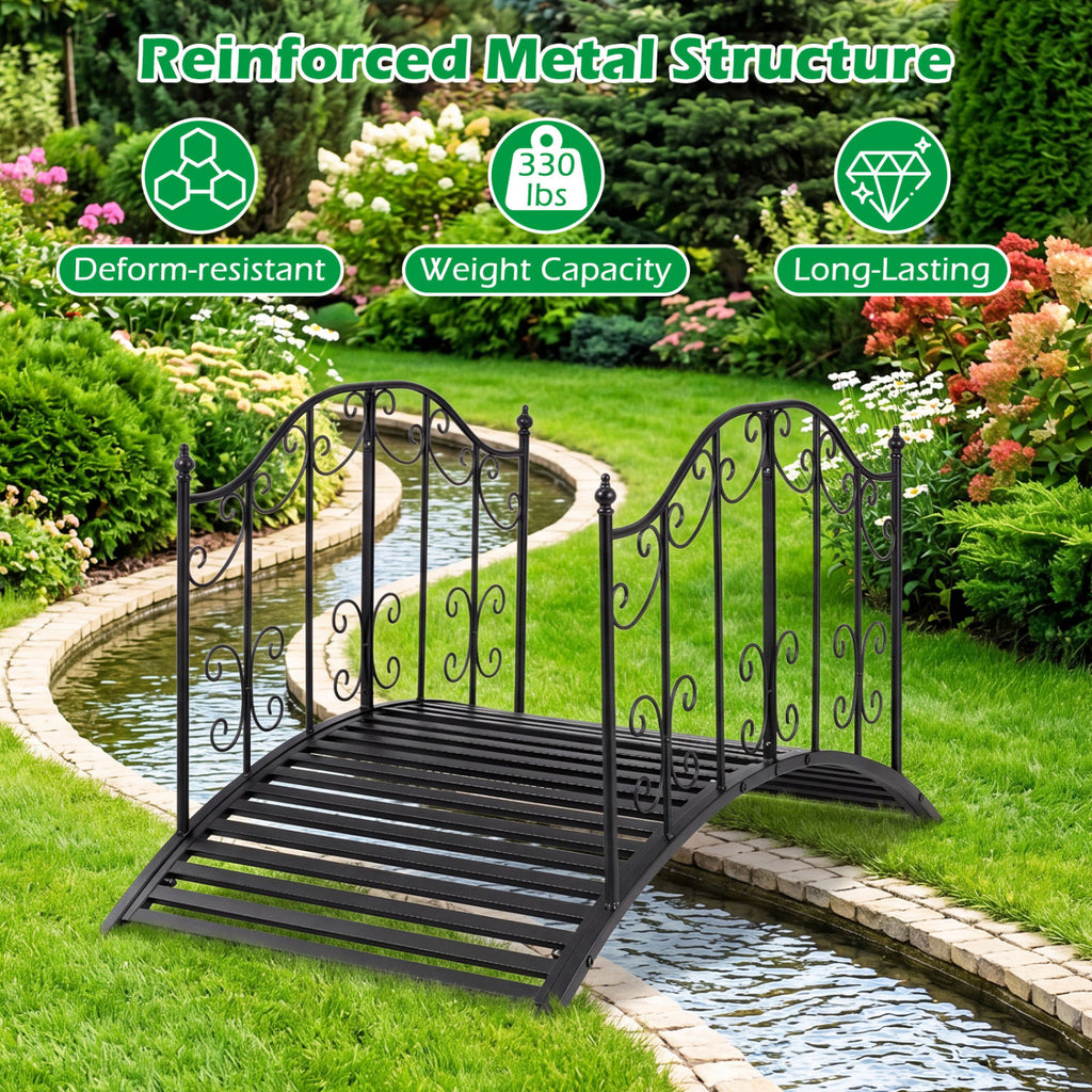 Garden Metal Bridge 3.9 ft with Dual Patterned Side Rails - Hollowed-Out Handrail Variation