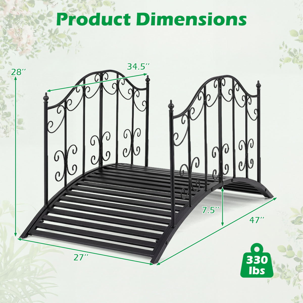Garden Metal Bridge 3.9 ft with Dual Patterned Side Rails - Hollowed-Out Handrail Variation