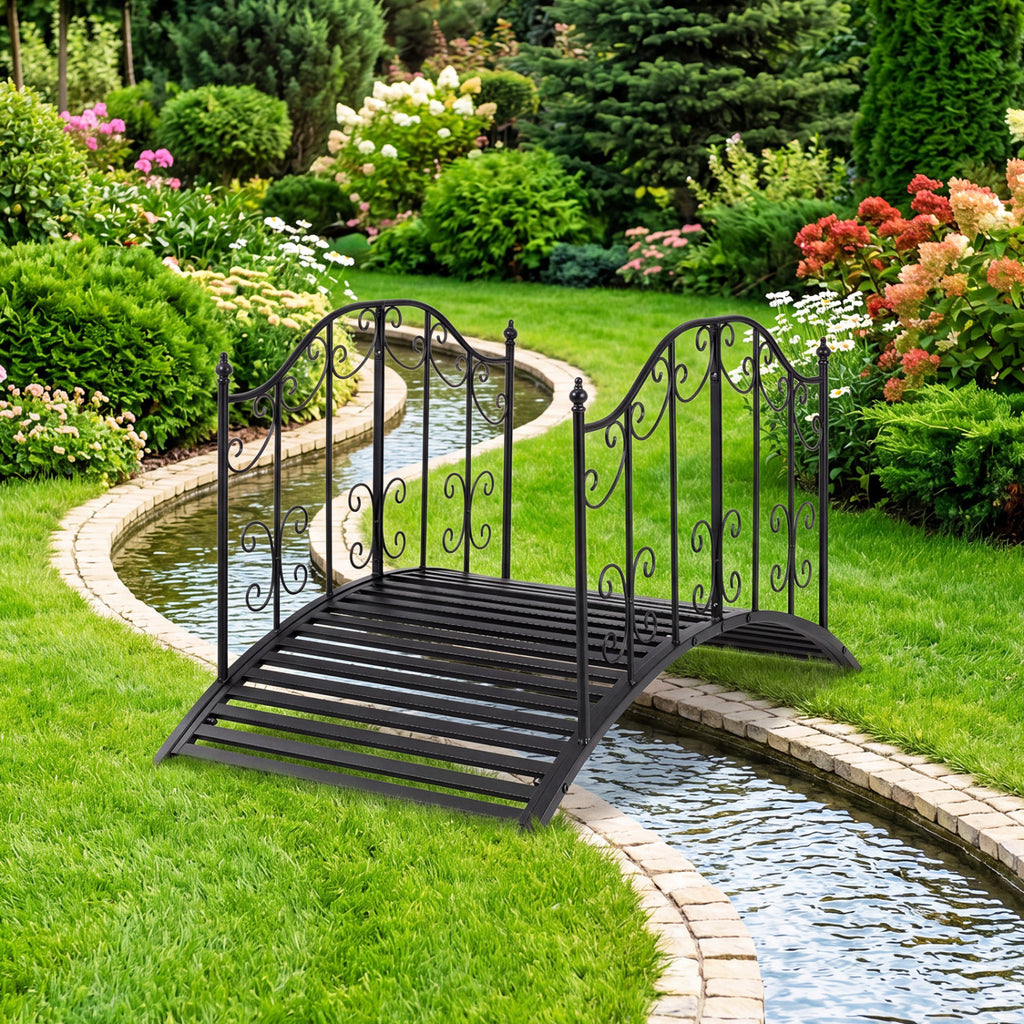 Garden Metal Bridge 3.9 ft with Dual Patterned Side Rails - Hollowed-Out Handrail Variation