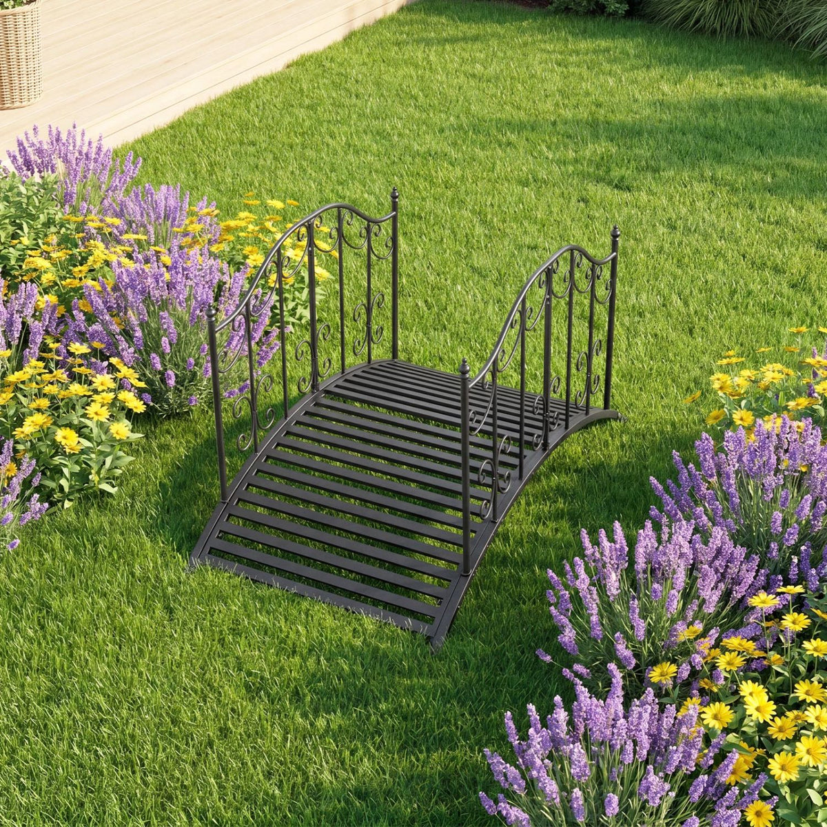 Garden Metal Bridge 3.9 ft with Dual Patterned Side Rails - Hollowed-Out Handrail Variation