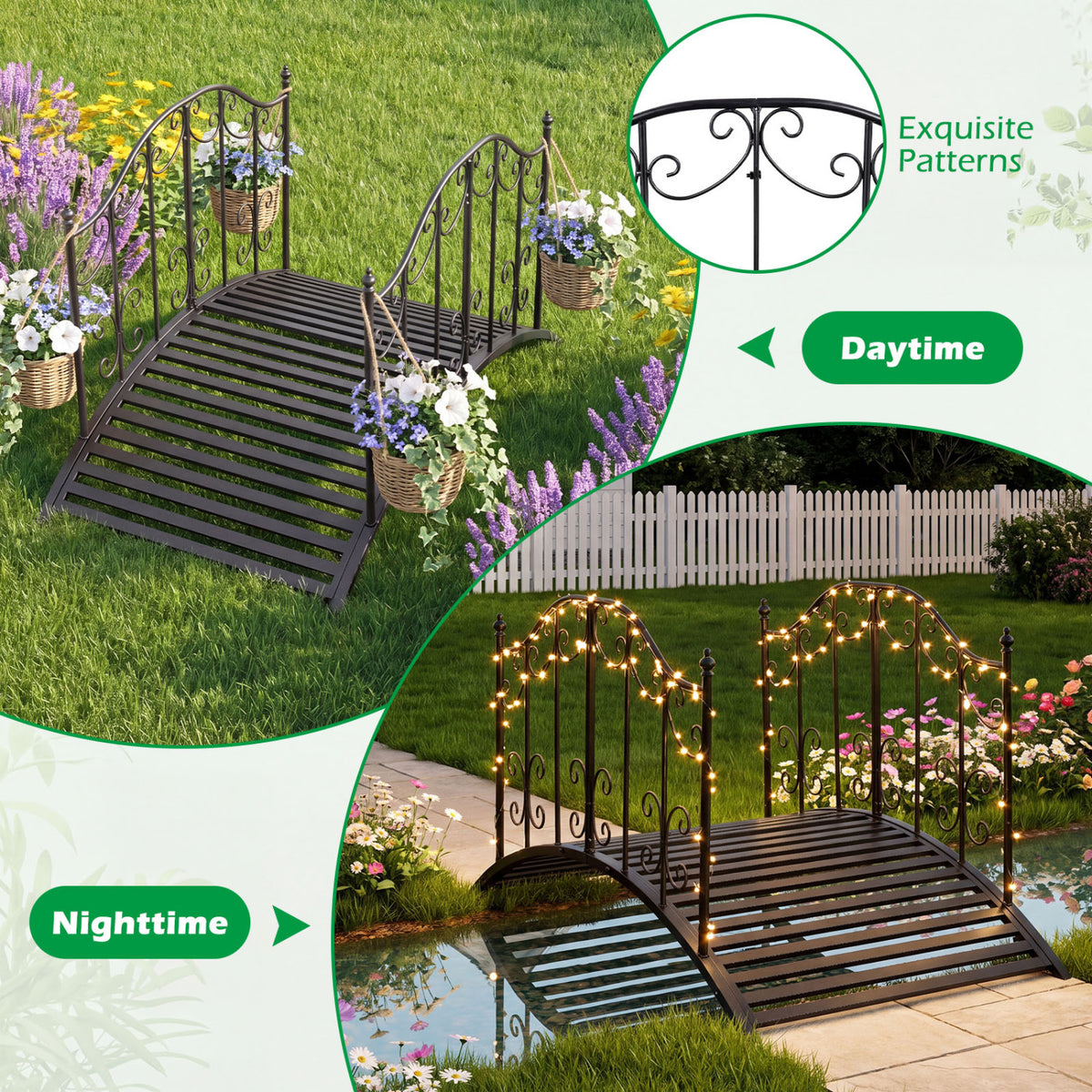 Garden Metal Bridge 3.9 ft with Dual Patterned Side Rails - Hollowed-Out Handrail Variation
