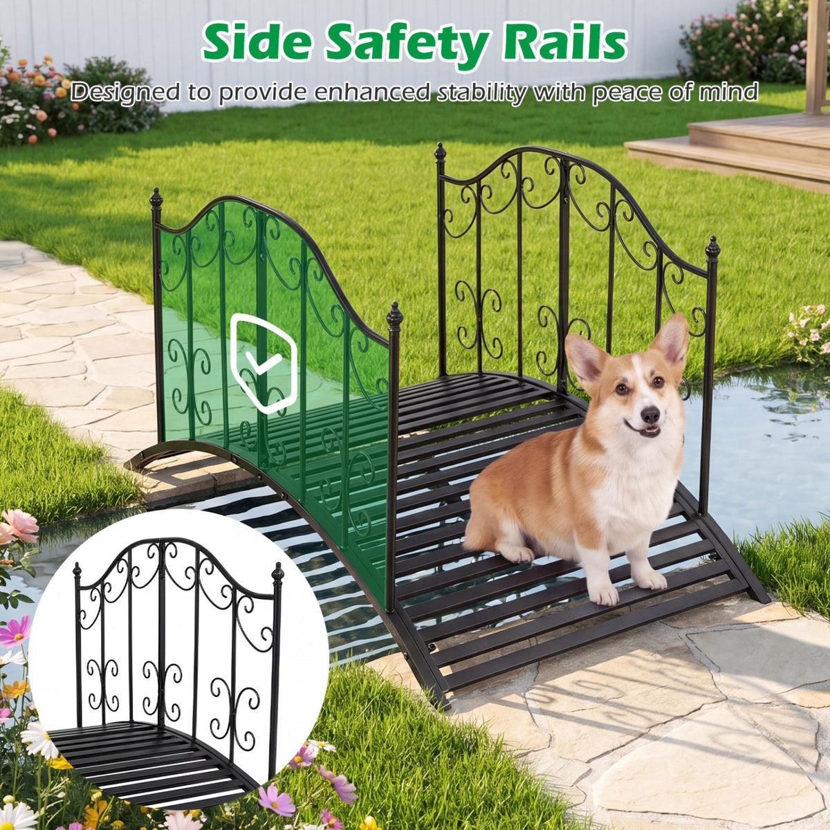 Garden Metal Bridge 3.9 ft with Dual Patterned Side Rails - Hollowed-Out Handrail Variation