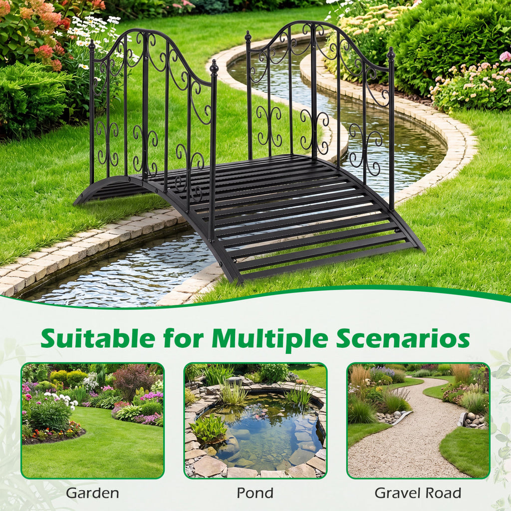 Garden Metal Bridge 3.9 ft with Dual Patterned Side Rails - Hollowed-Out Handrail Variation
