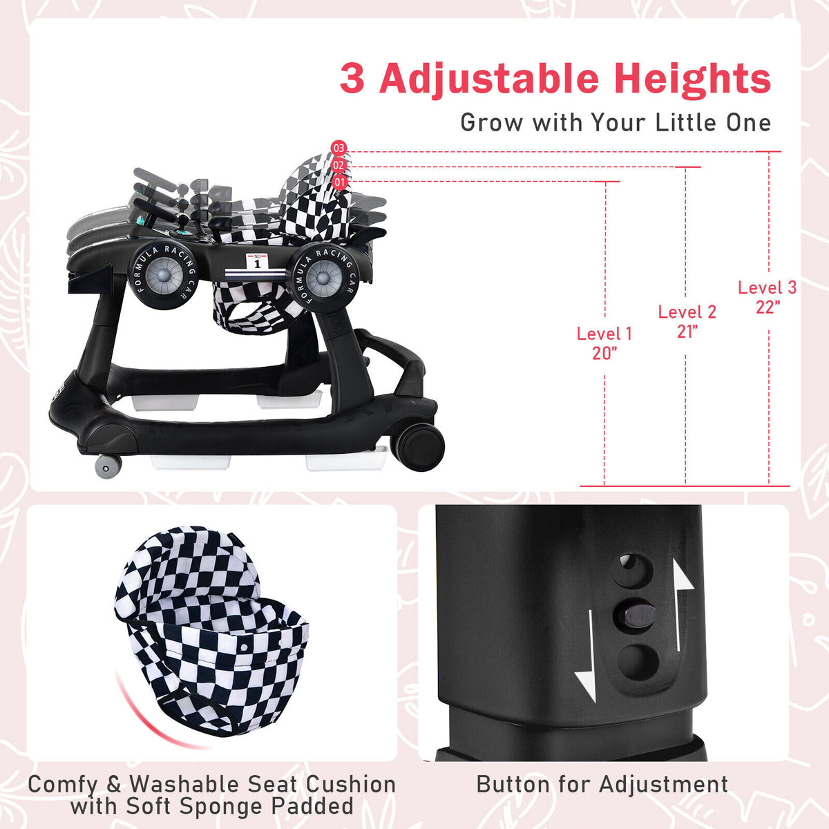 4-in-1 Baby Push Walker with Adjustable Height & Music - Black