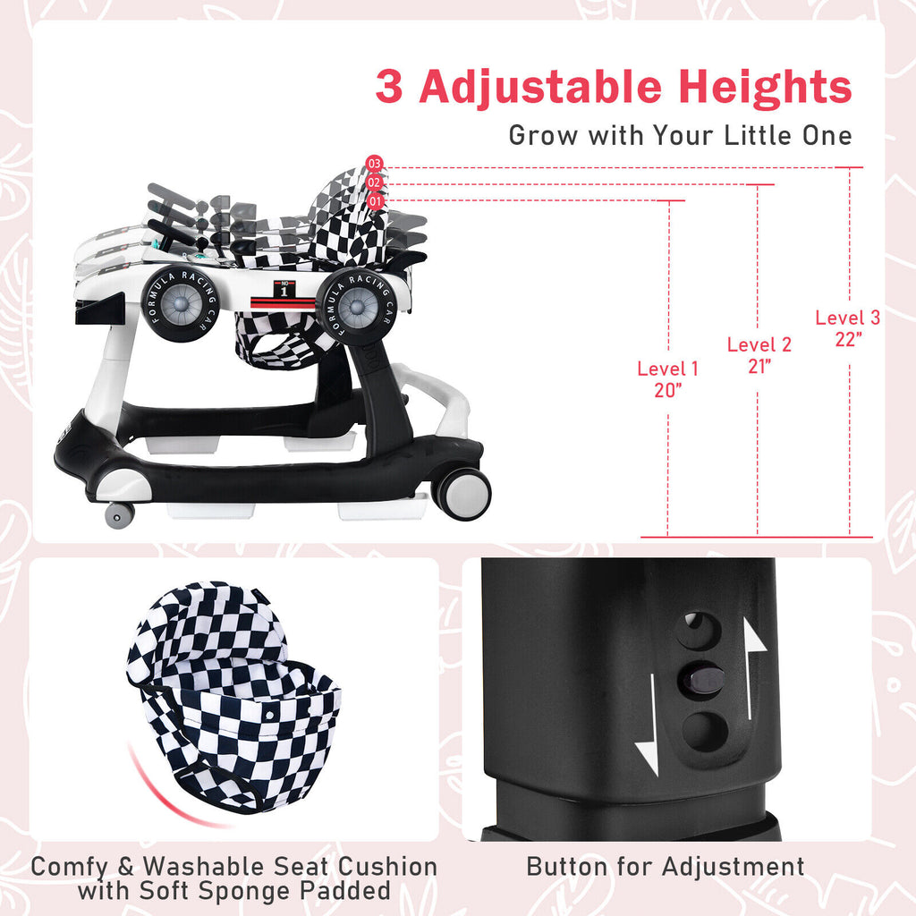 4-in-1 Baby Push Walker with Adjustable Height - White, Foldable Toddler Activity Walker