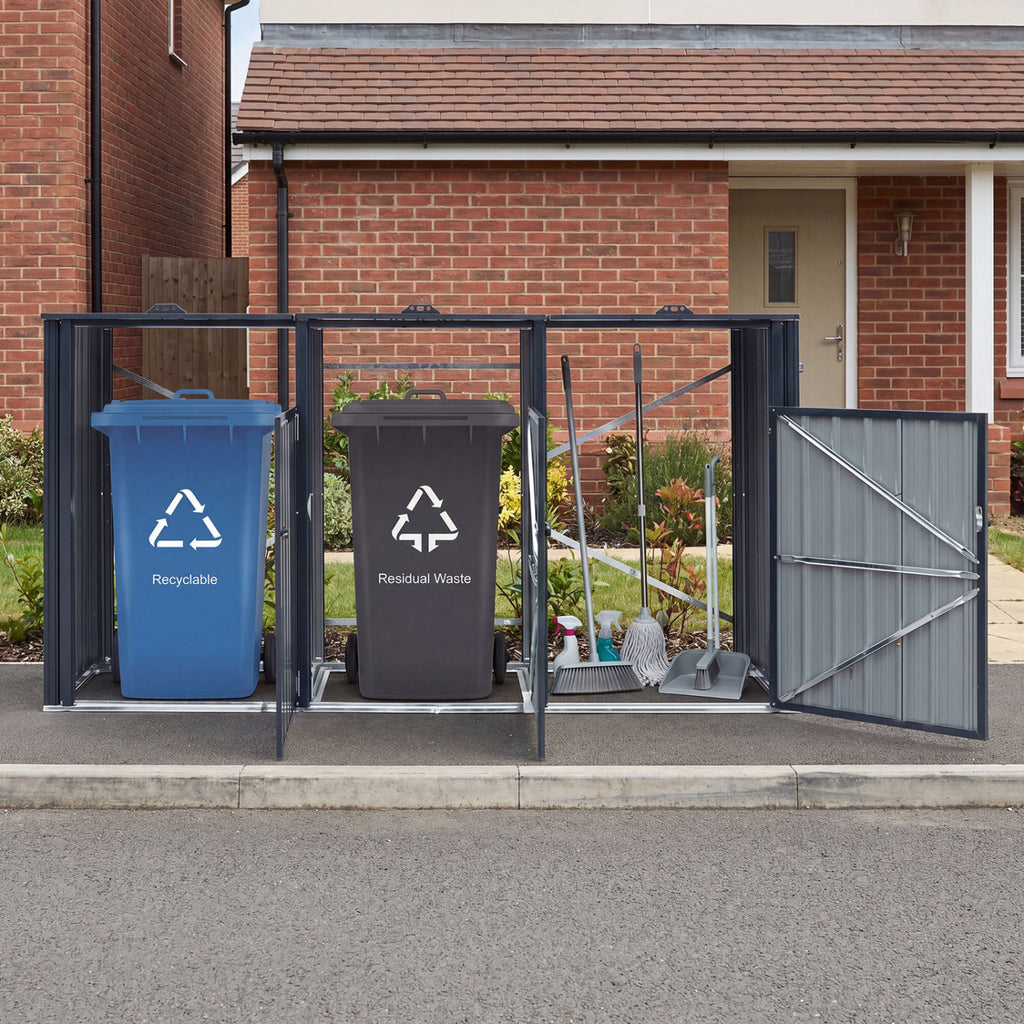 3-Bin Metal Trash Can Storage Shed with Flip-Up Lids for Yard