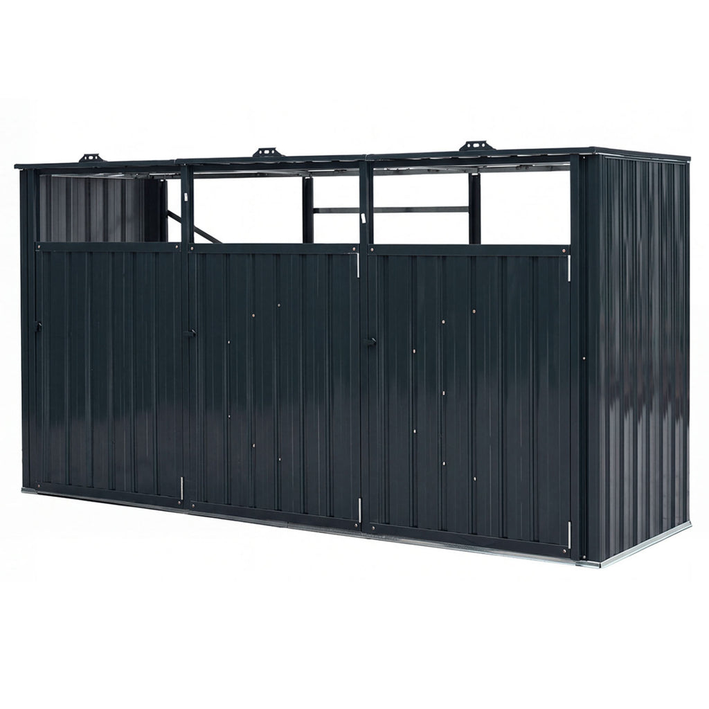 3-Bin Metal Trash Can Storage Shed with Flip-Up Lids for Yard