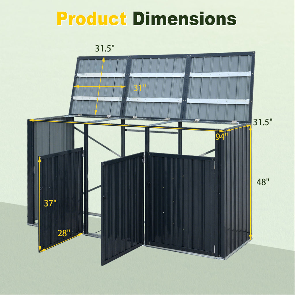 3-Bin Metal Trash Can Storage Shed with Flip-Up Lids for Yard