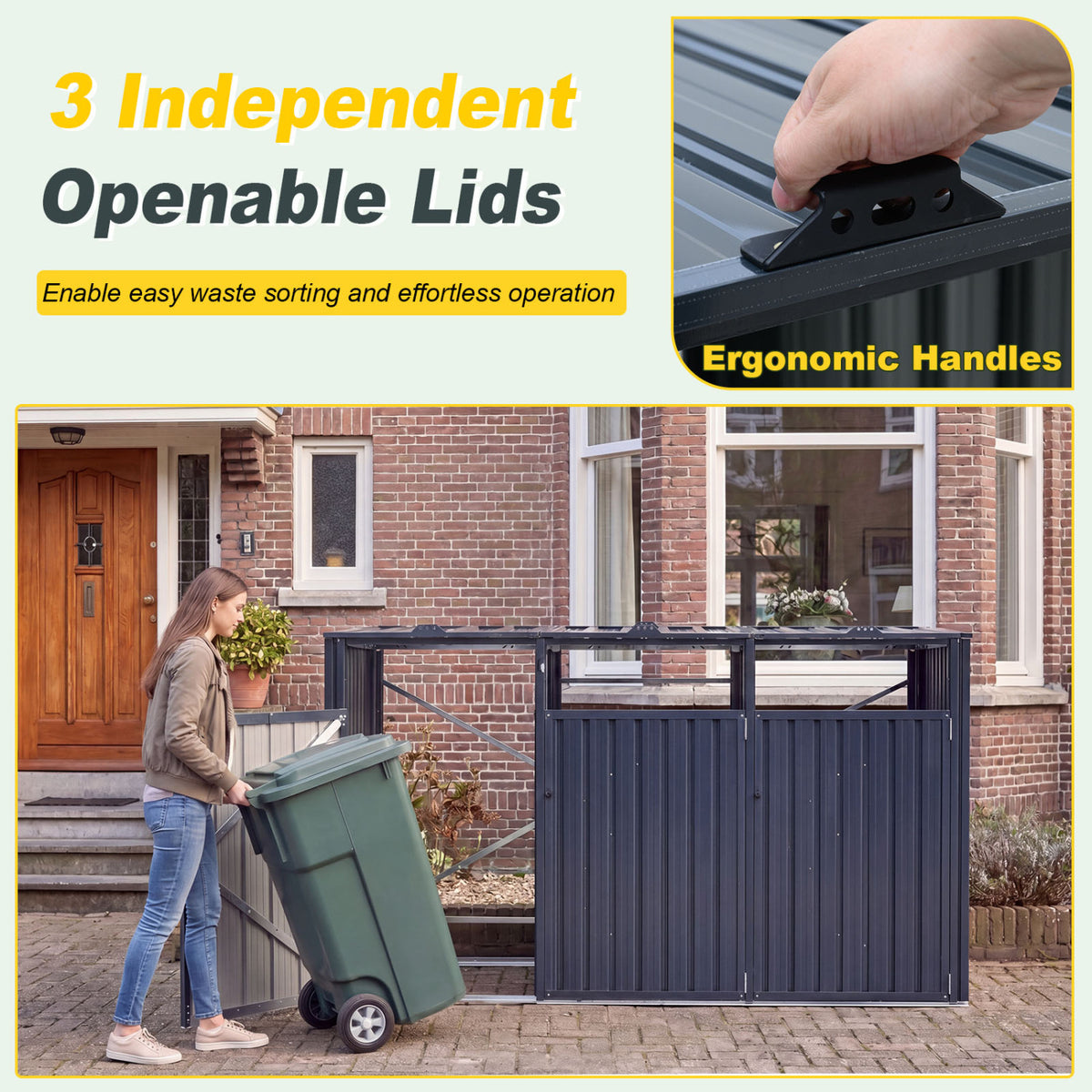 3-Bin Metal Trash Can Storage Shed with Flip-Up Lids for Yard