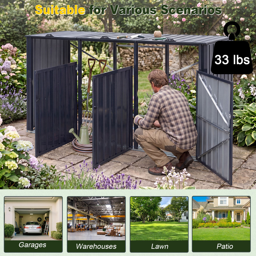 3-Bin Metal Trash Can Storage Shed with Flip-Up Lids for Yard
