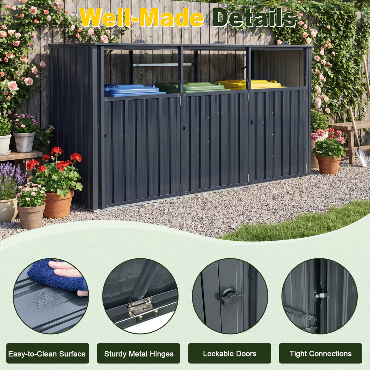3-Bin Metal Trash Can Storage Shed with Flip-Up Lids for Yard