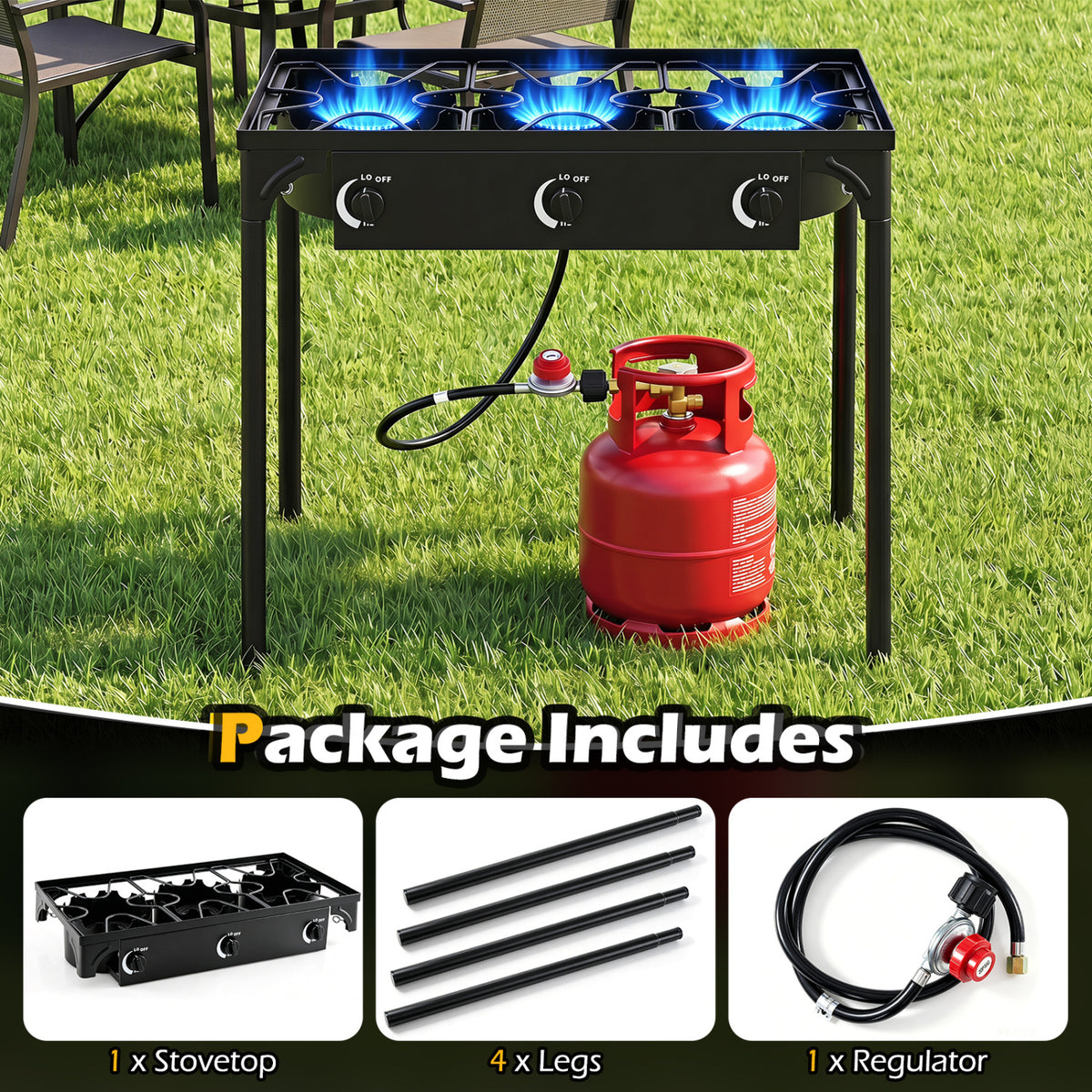 3 Burner Propane Stove 240000 BTU with Adjustable Regulator & Hose