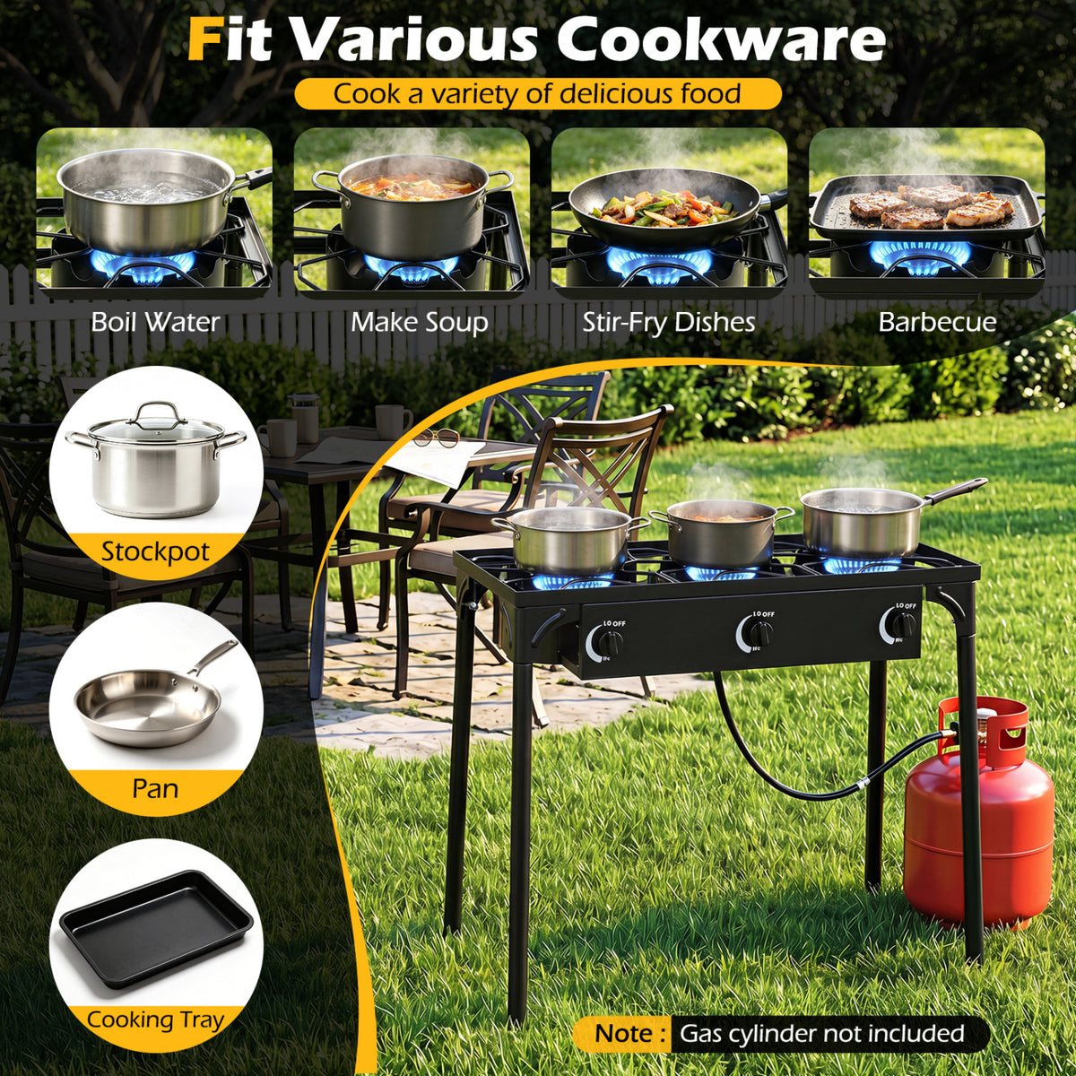 3 Burner Propane Stove 240000 BTU with Adjustable Regulator & Hose