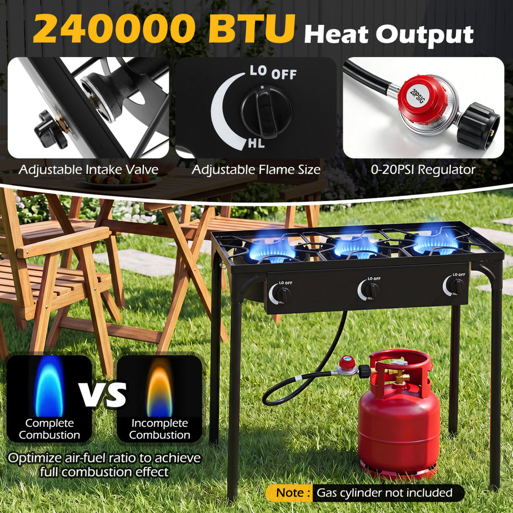 3 Burner Propane Stove 240000 BTU with Adjustable Regulator & Hose