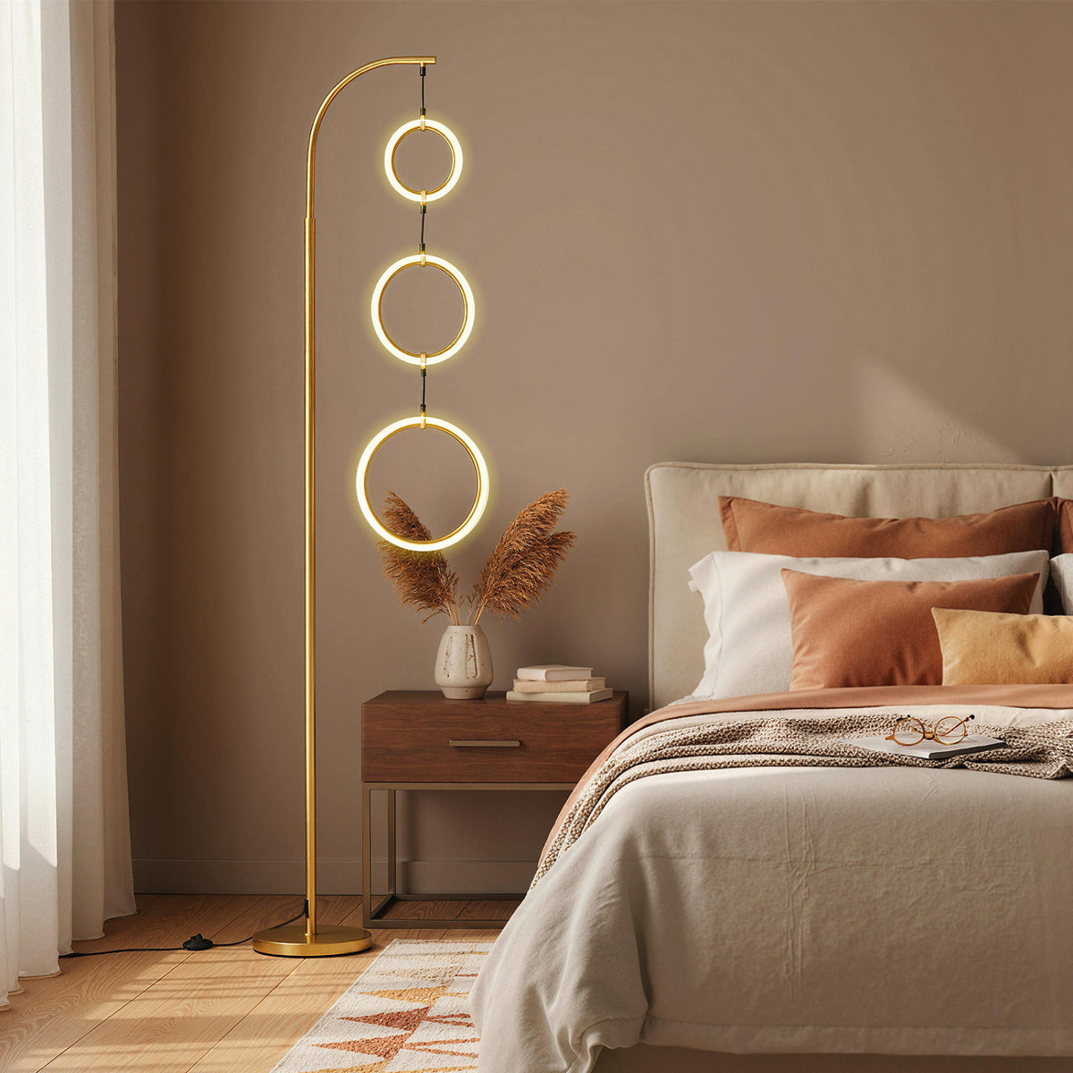 Golden 3-Circle Dimmable LED Floor Lamp with Foot Pedal & 3 Color Temps