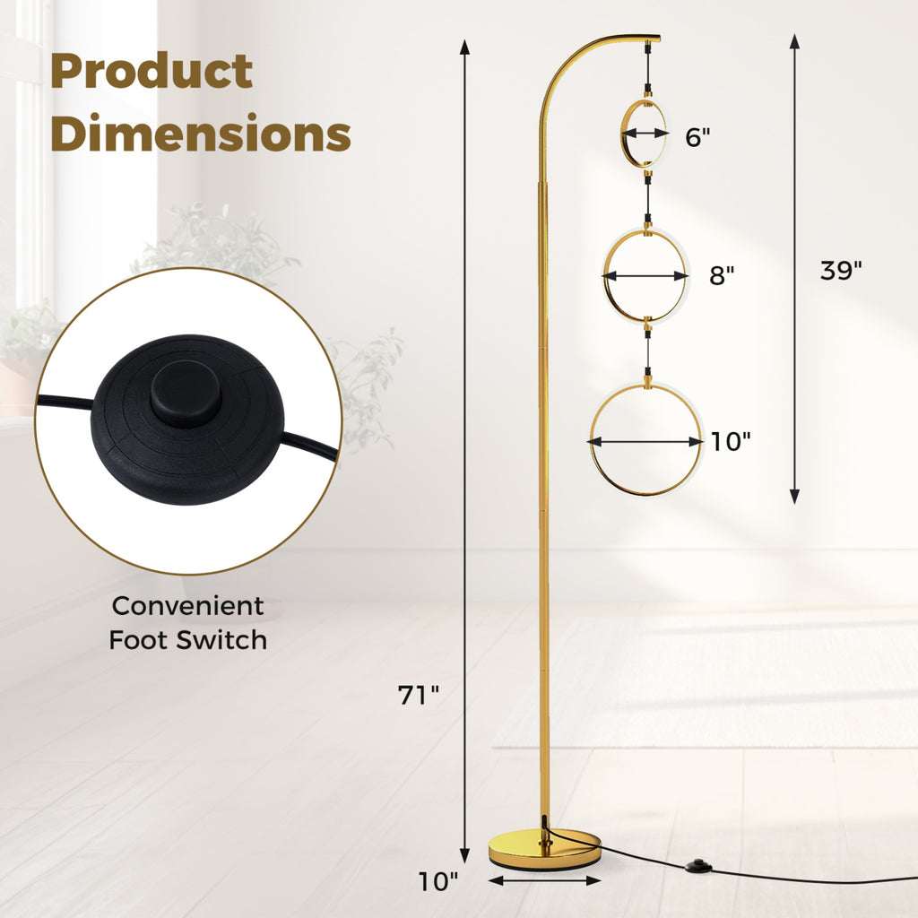 Golden 3-Circle Dimmable LED Floor Lamp with Foot Pedal & 3 Color Temps