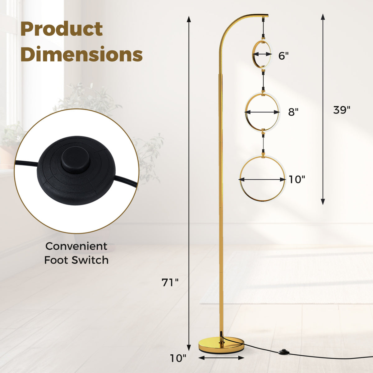 Golden 3-Circle Dimmable LED Floor Lamp with Foot Pedal & 3 Color Temps