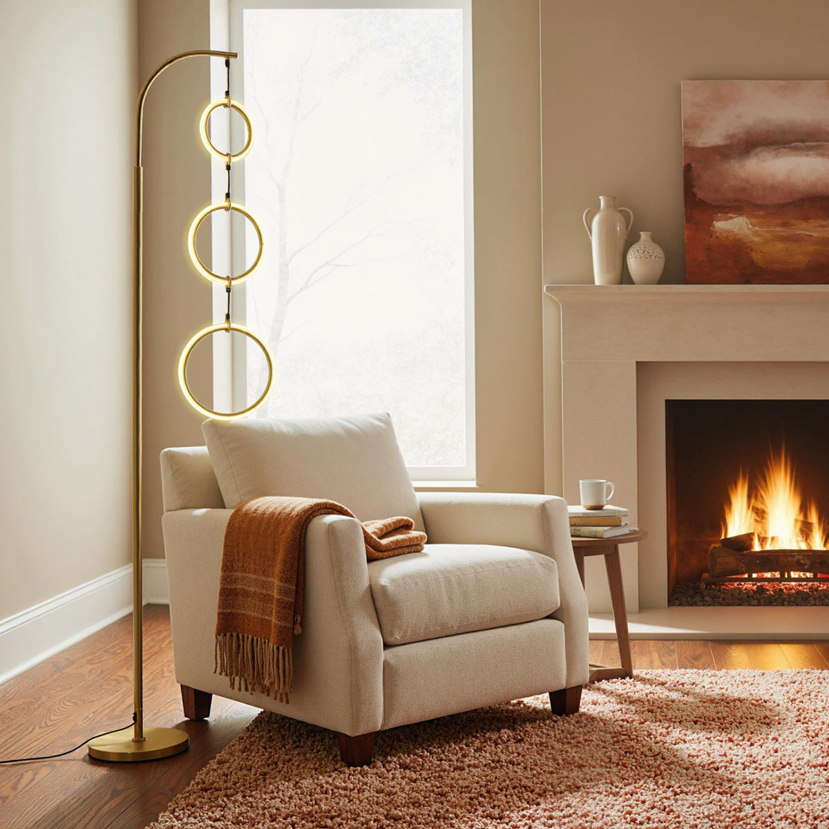 Golden 3-Circle Dimmable LED Floor Lamp with Foot Pedal & 3 Color Temps