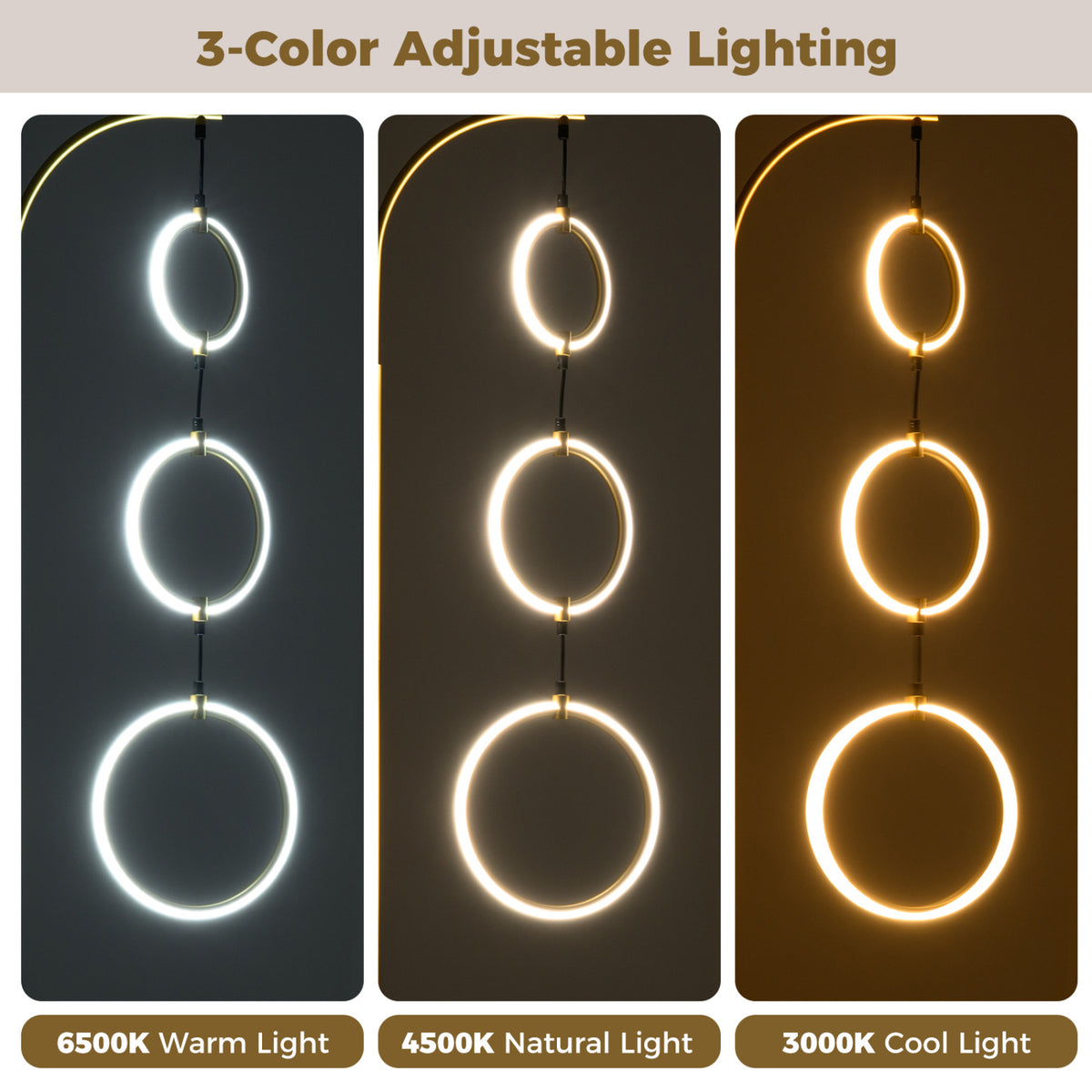 Golden 3-Circle Dimmable LED Floor Lamp with Foot Pedal & 3 Color Temps