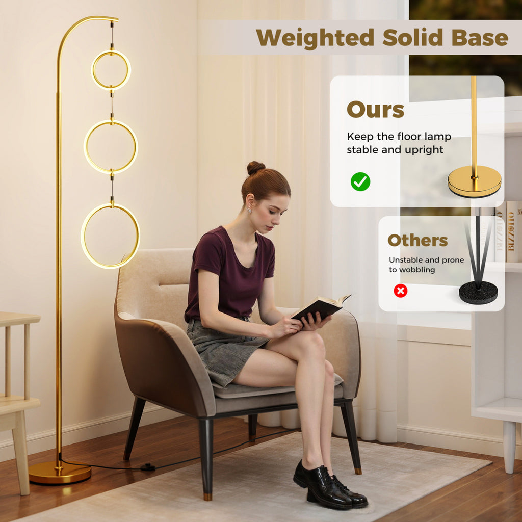 Golden 3-Circle Dimmable LED Floor Lamp with Foot Pedal & 3 Color Temps