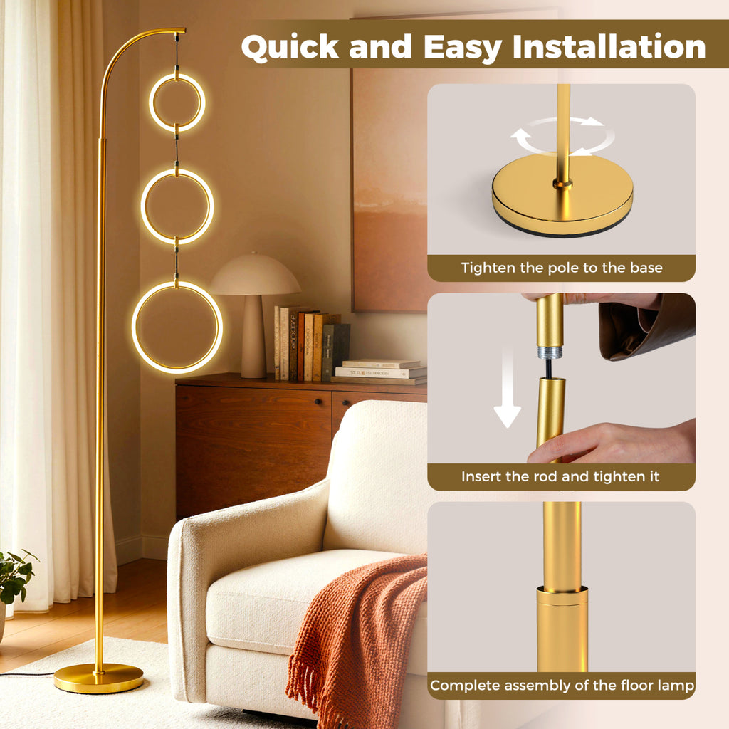 Golden 3-Circle Dimmable LED Floor Lamp with Foot Pedal & 3 Color Temps
