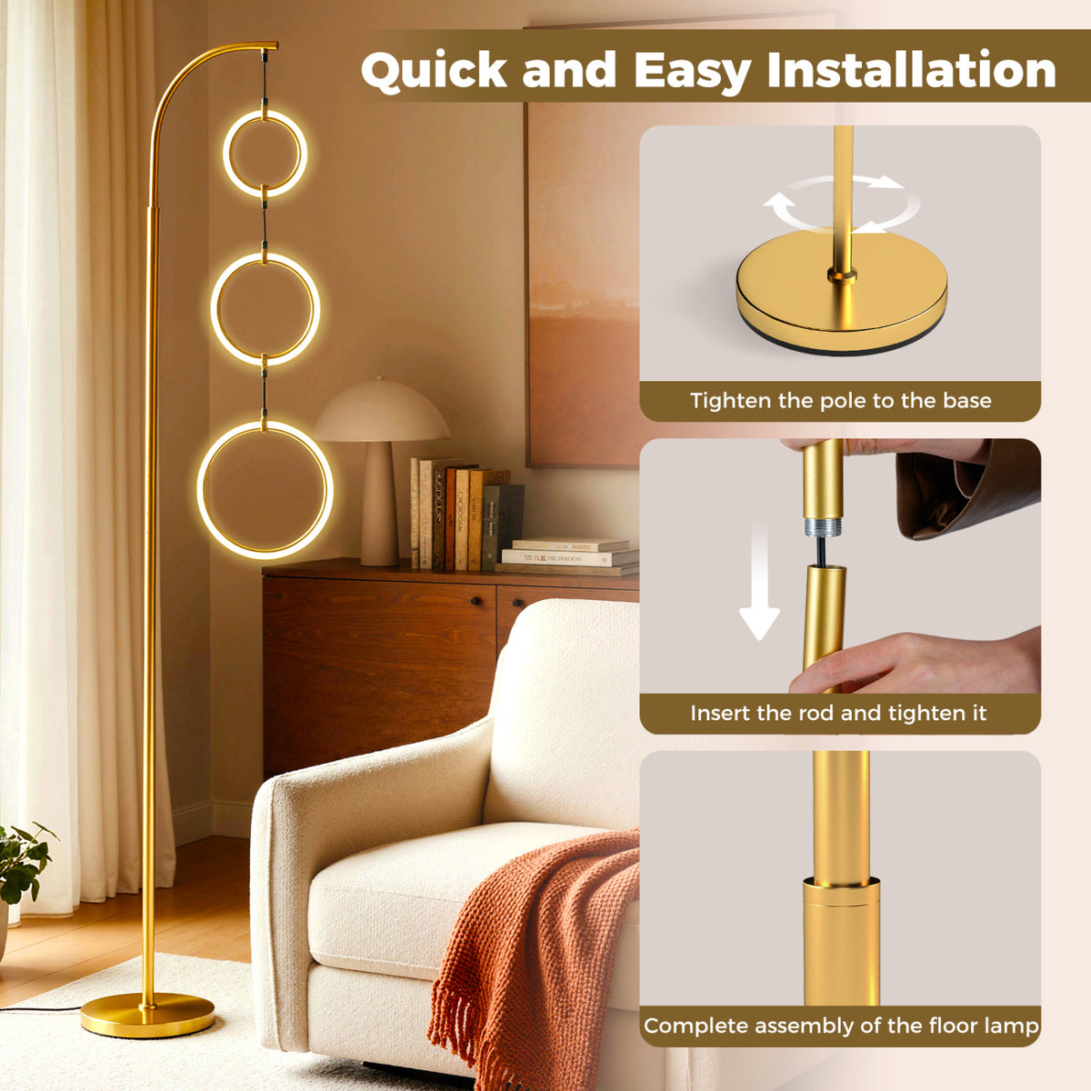 Golden 3-Circle Dimmable LED Floor Lamp with Foot Pedal & 3 Color Temps