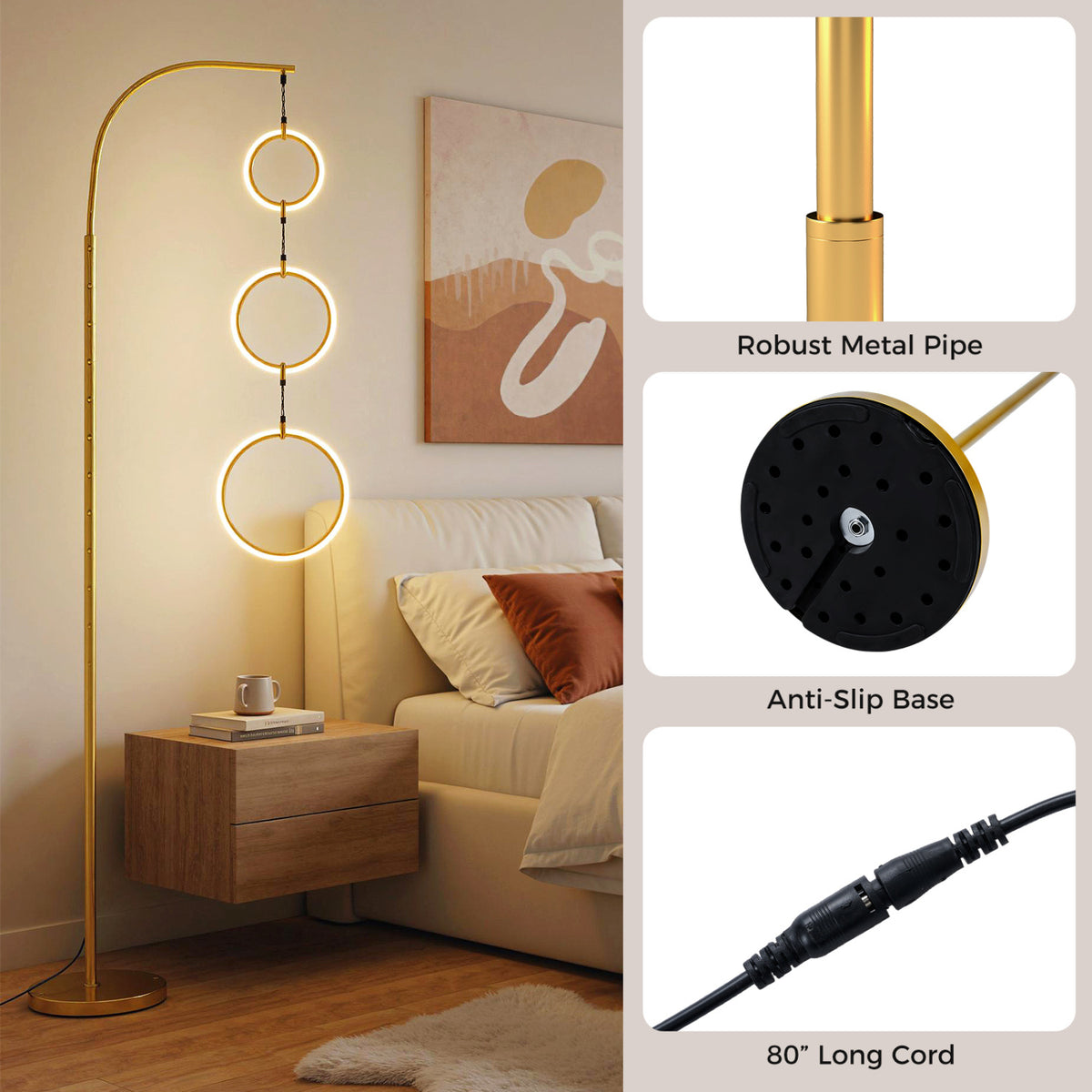 Golden 3-Circle Dimmable LED Floor Lamp with Foot Pedal & 3 Color Temps