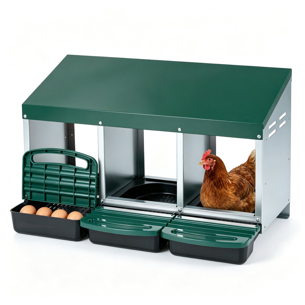 Green 3-Compartment Metal Chicken Nesting Box with Egg Trays - Costway