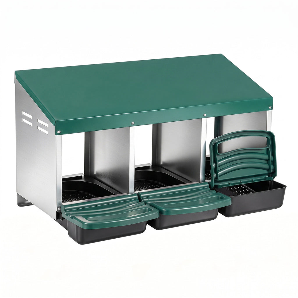 Green Chicken Nesting Box with Removable Trays & Landing Steps - 3 Compartments