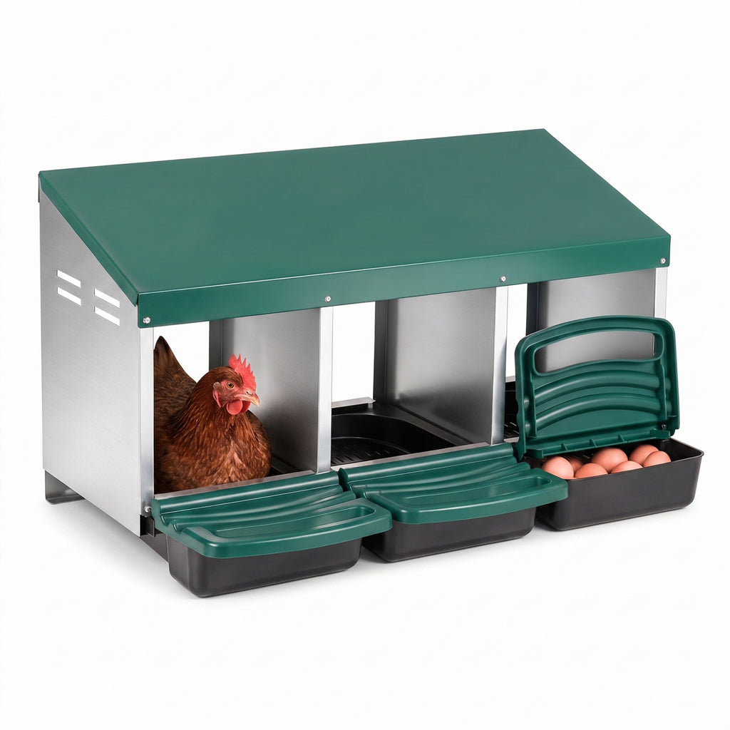 Green Chicken Nesting Box with Removable Trays & Landing Steps - 3 Compartments