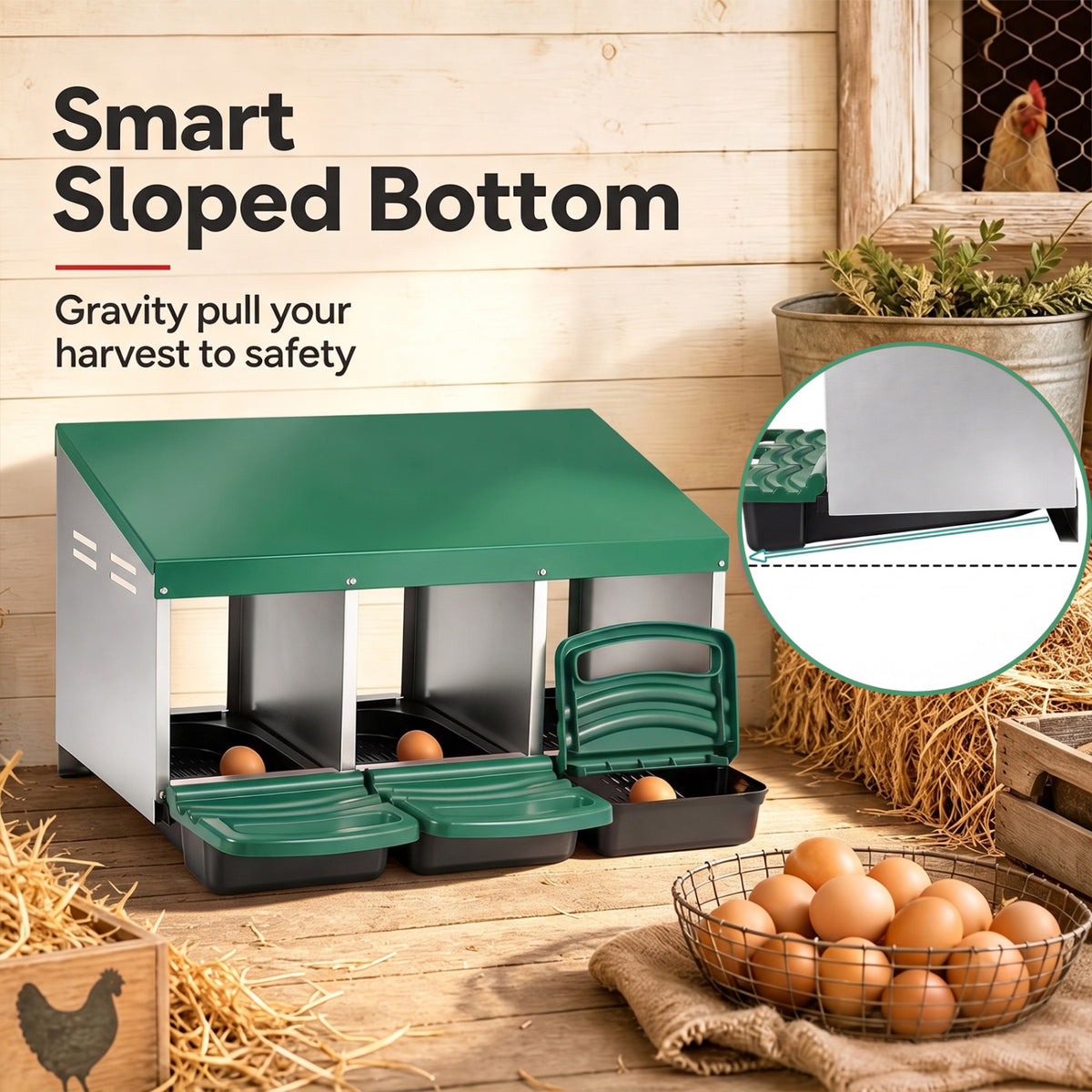 Green Chicken Nesting Box with Removable Trays & Landing Steps - 3 Compartments